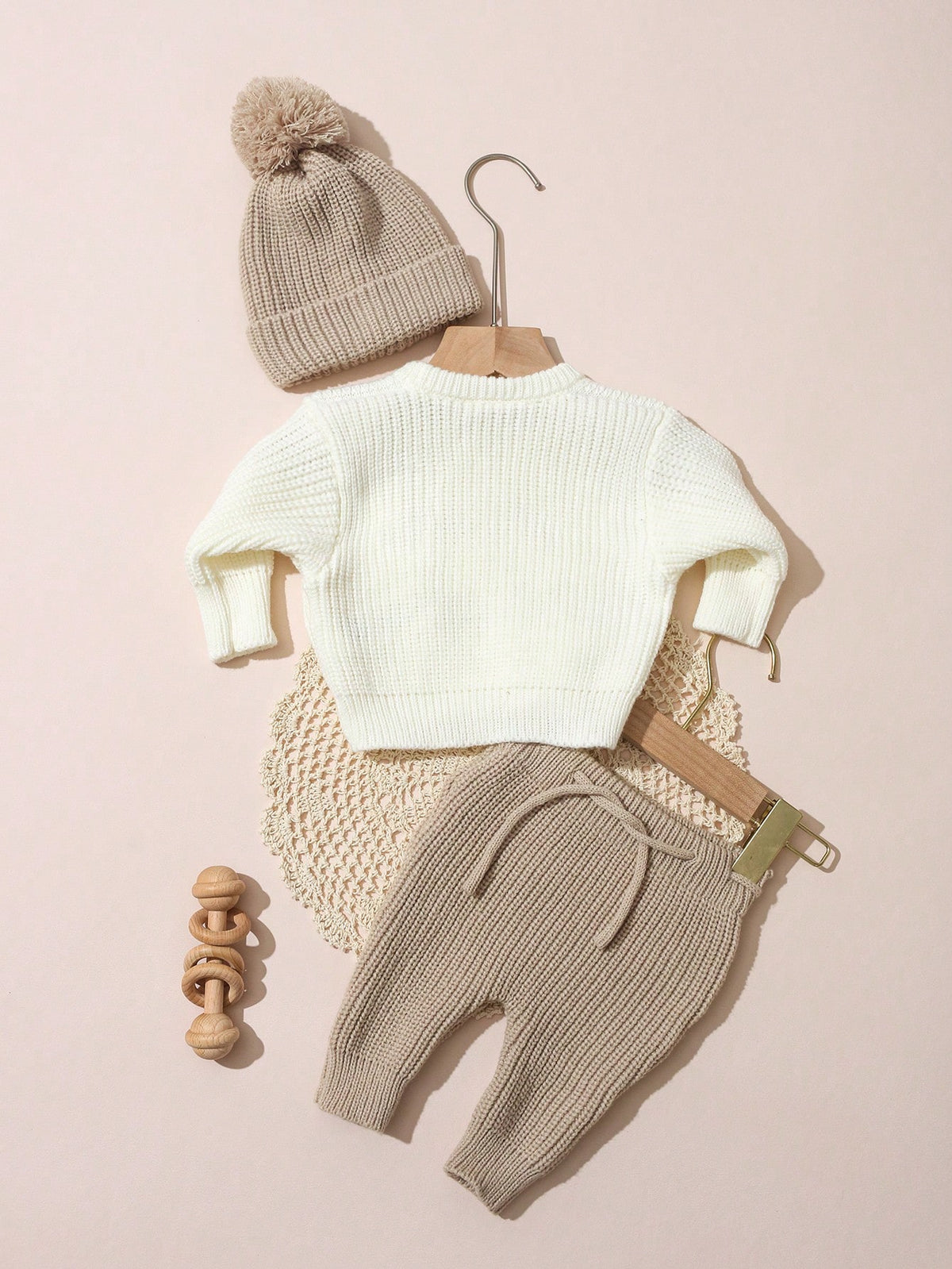 Newborn Baby White Knitted Tops Pants Hat 3pc Set