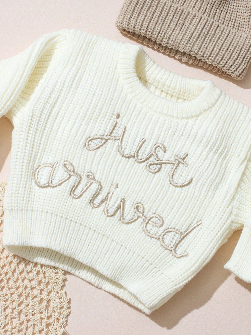 Newborn Baby White Knitted Tops Pants Hat 3pc Set