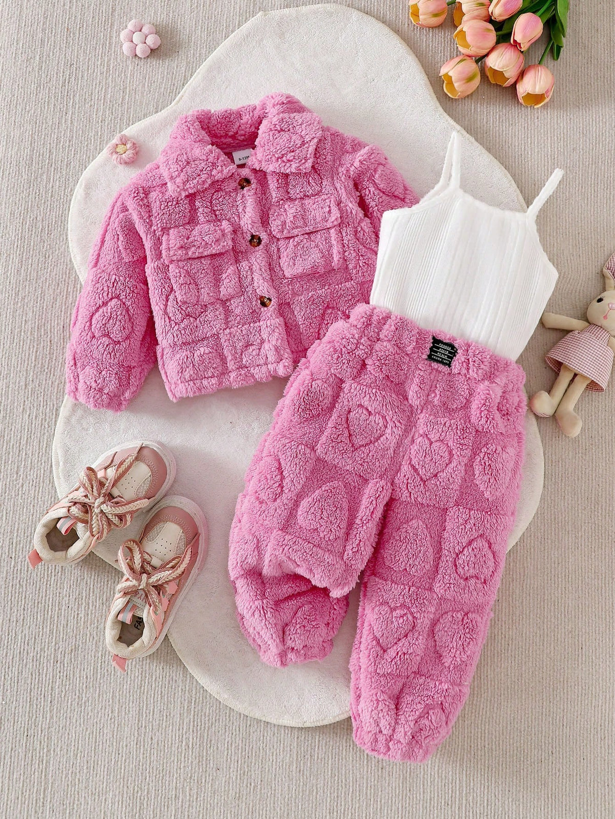 Baby Girl Plush Jacket Sweatpants Ribbed Tank Top 3 Piece Set
