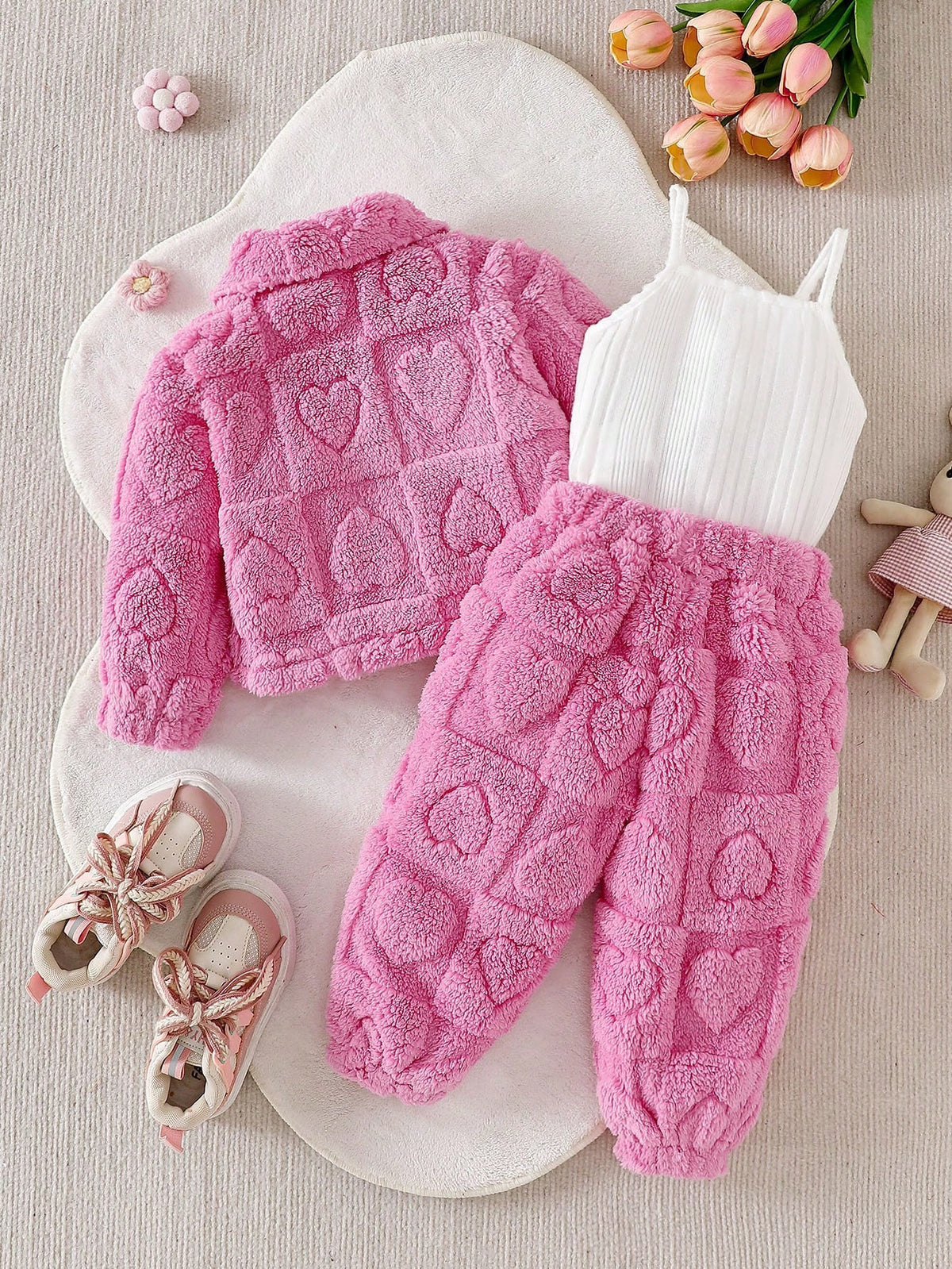 Baby Girl Plush Jacket Sweatpants Ribbed Tank Top 3 Piece Set