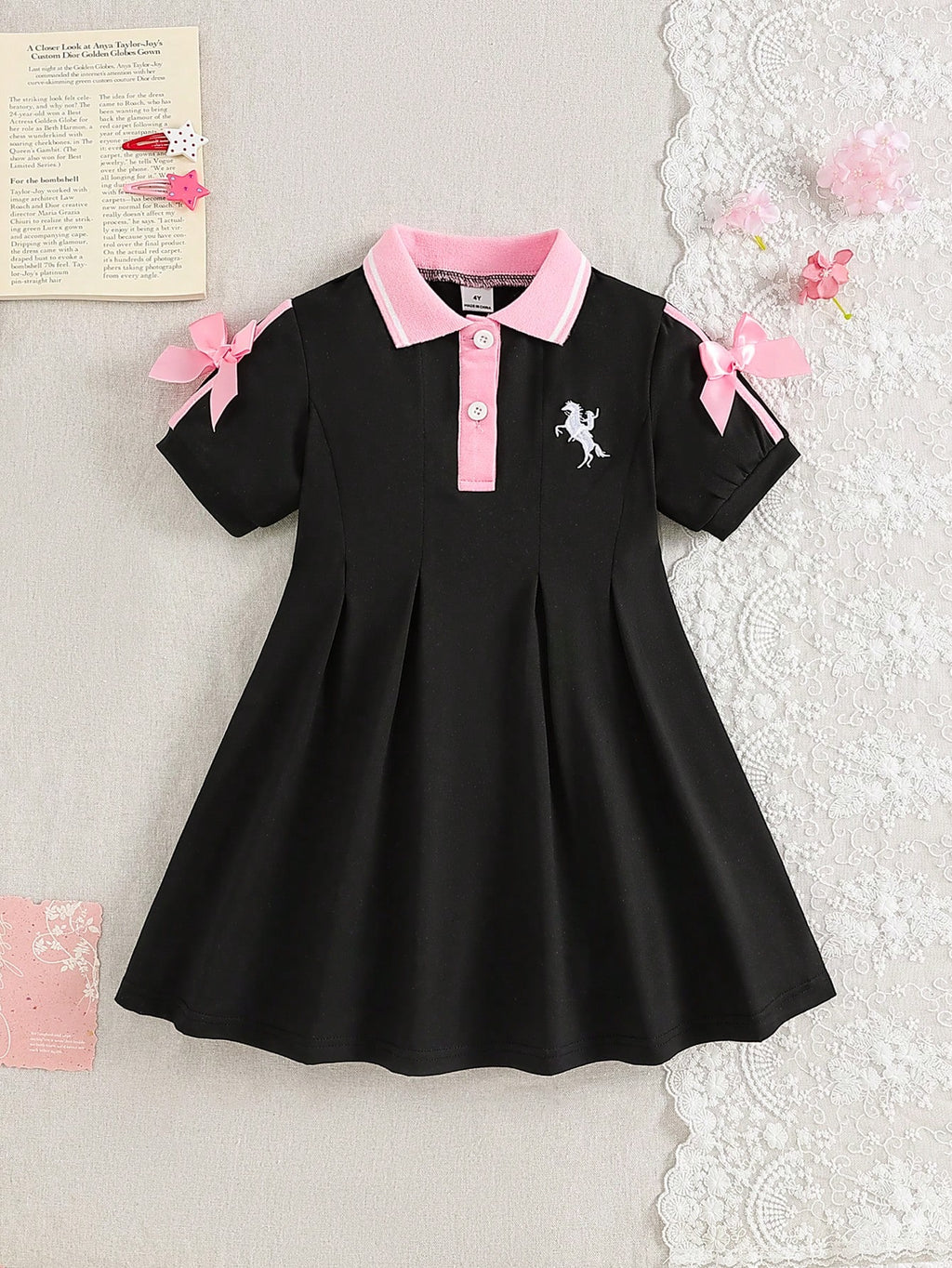 Robe Fille Colorblock Rose Noir Nœud 3D