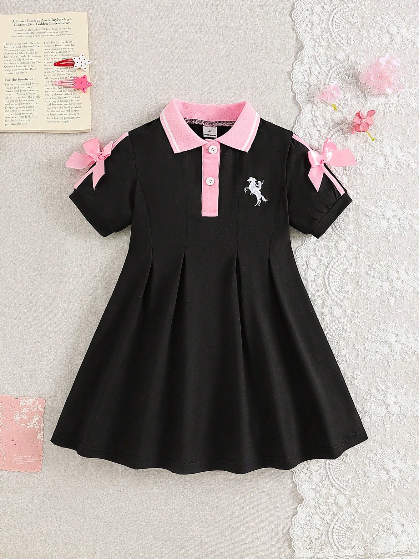 Robe Fille Colorblock Rose Noir Nœud 3D