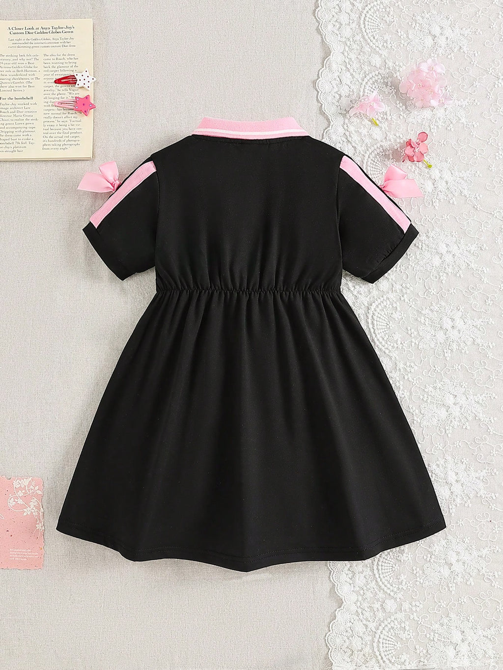 Robe Fille Colorblock Rose Noir Nœud 3D