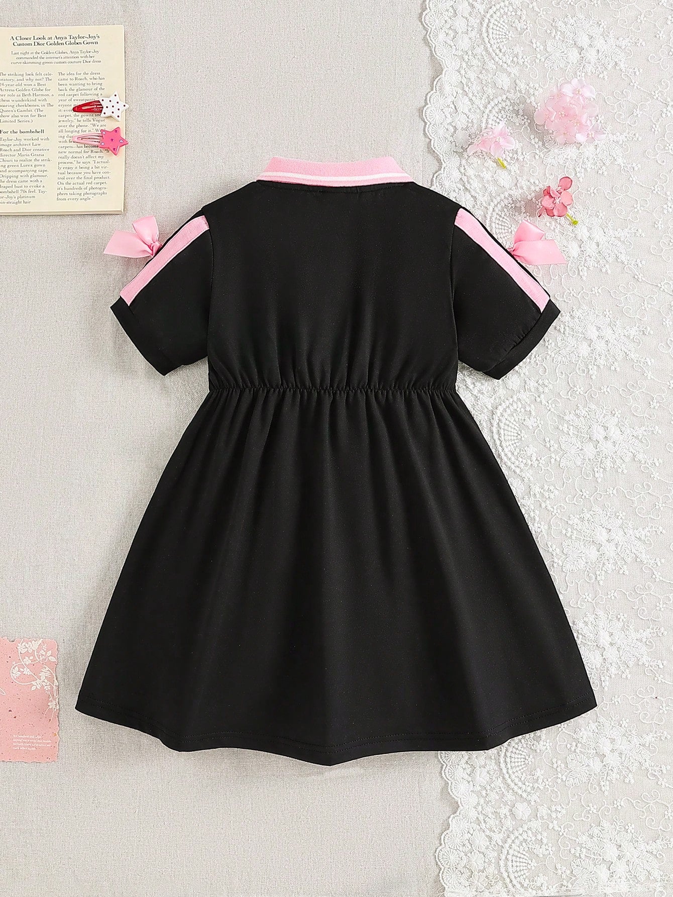 Robe Fille Colorblock Rose Noir Nœud 3D