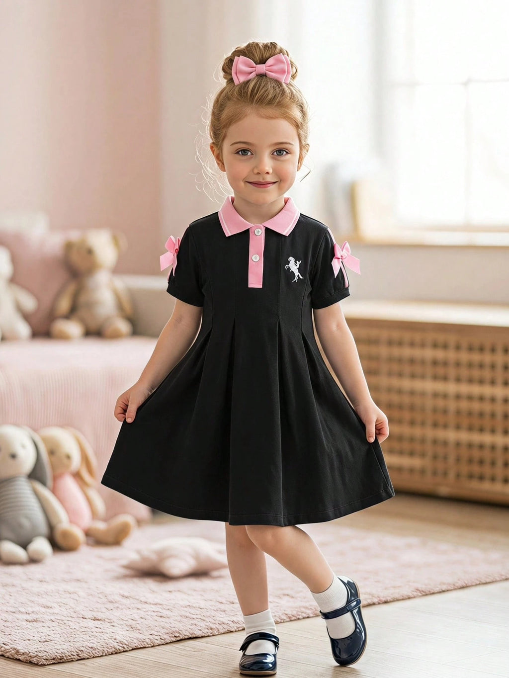 Robe Fille Colorblock Rose Noir Nœud 3D