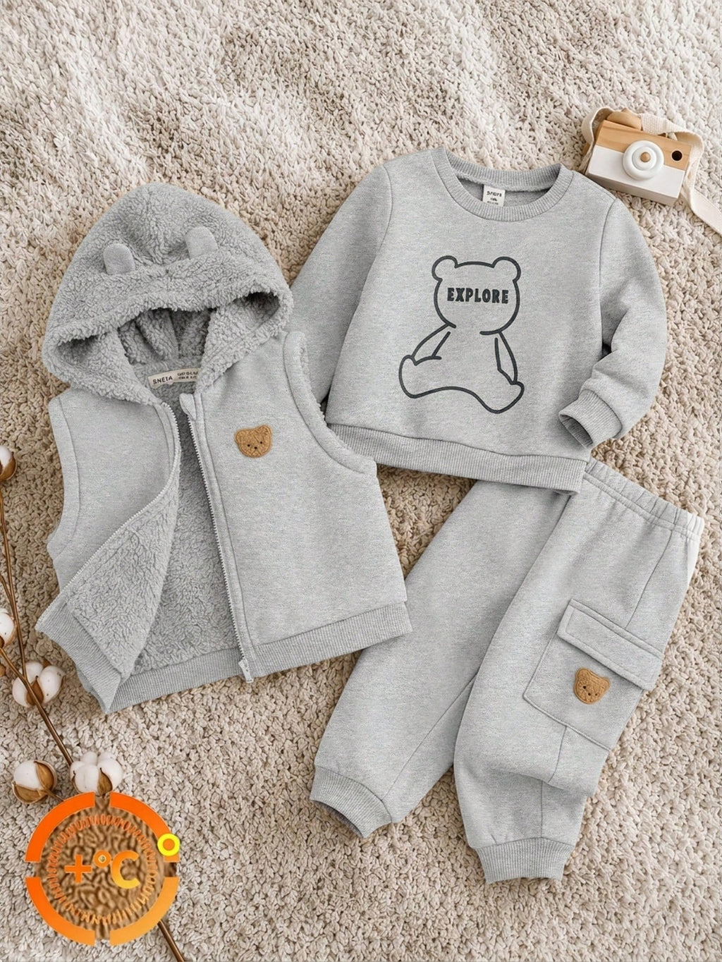 Bambinoo x Playful Pals Baby Bear Knit Hooded Vest & Joggers Set