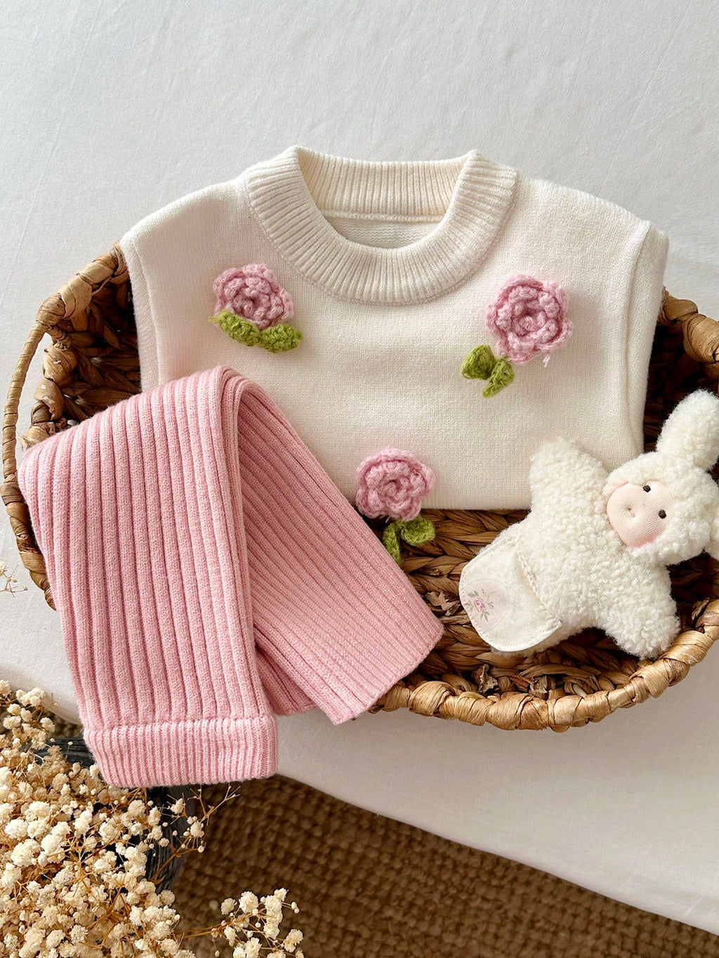 LMoss Kids Baby Girl Pink Floral Knit Set - Multicolor