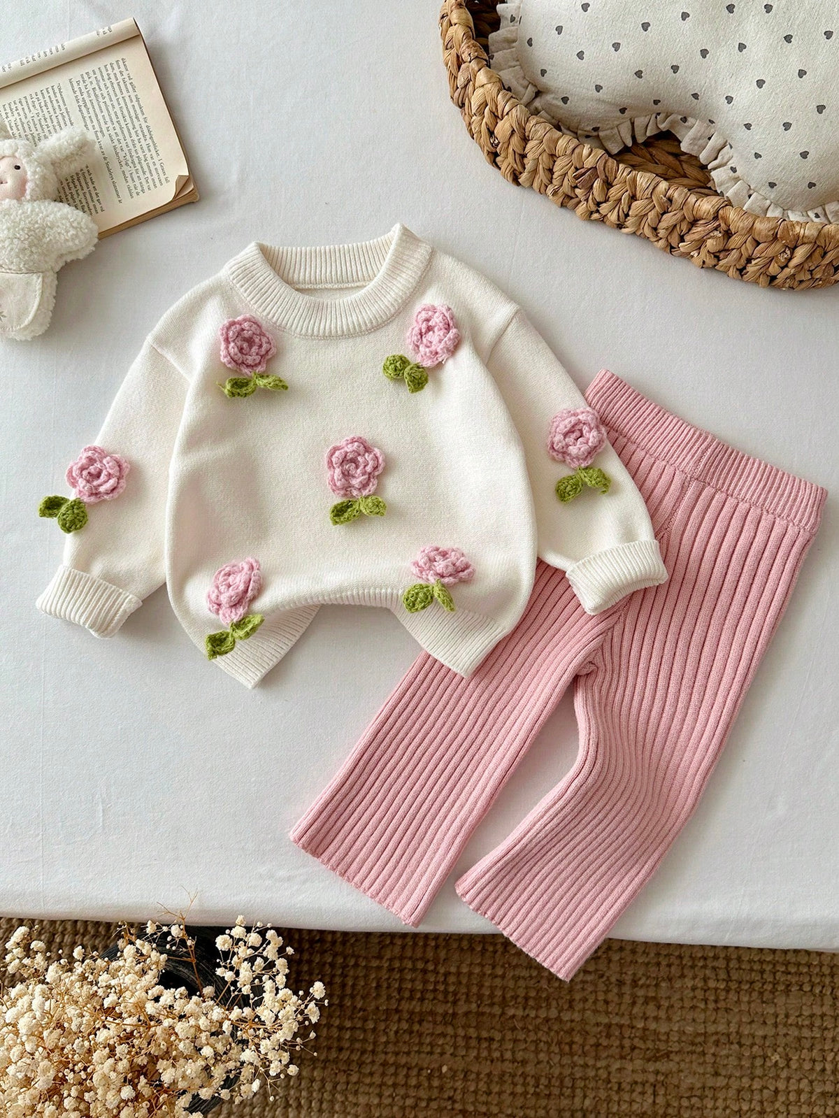 LMoss Kids Baby Girl Pink Floral Knit Set - Multicolor