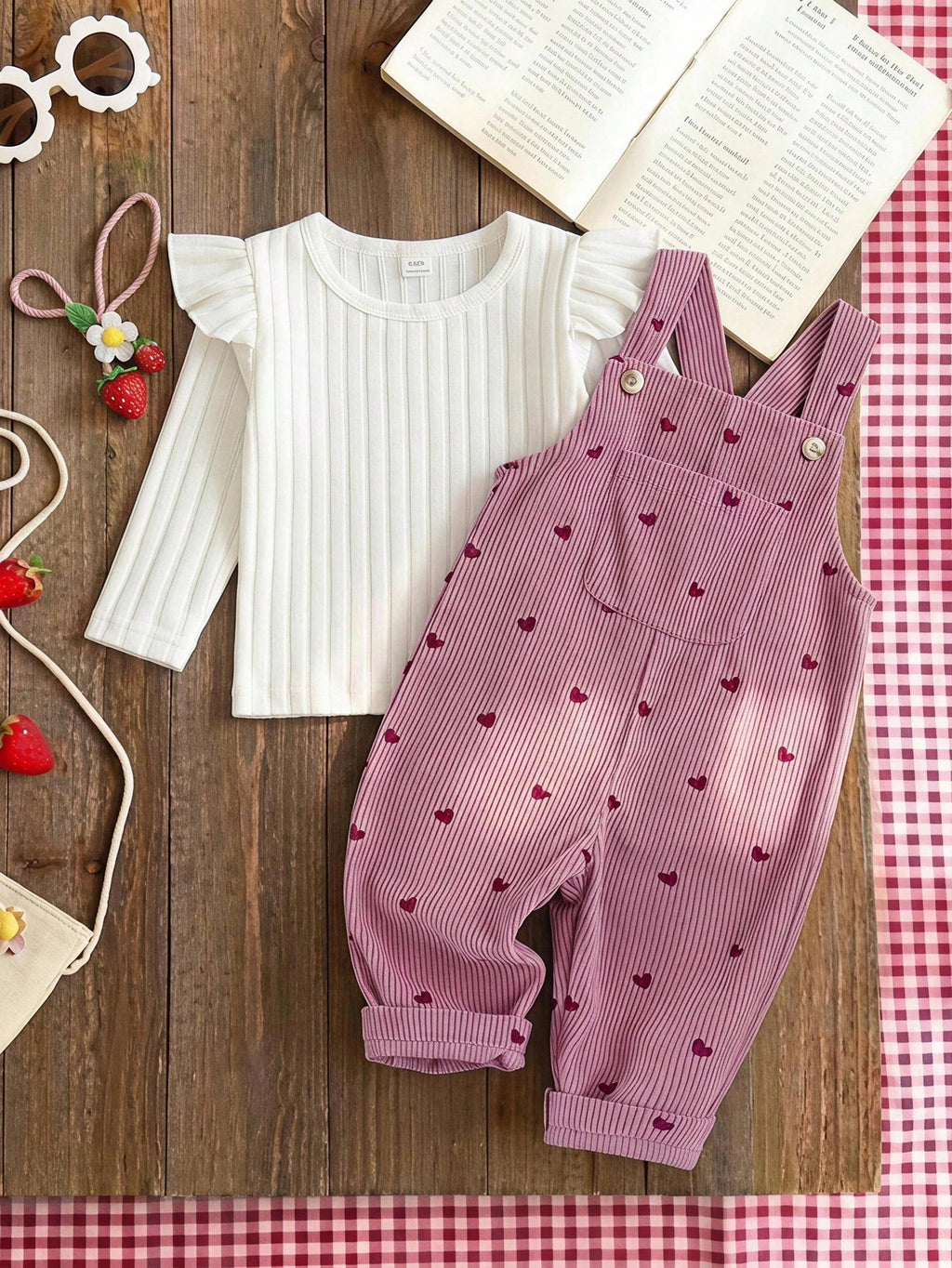 Vintaside Baby Girl Heart Embroidered Corduroy Set Pink
