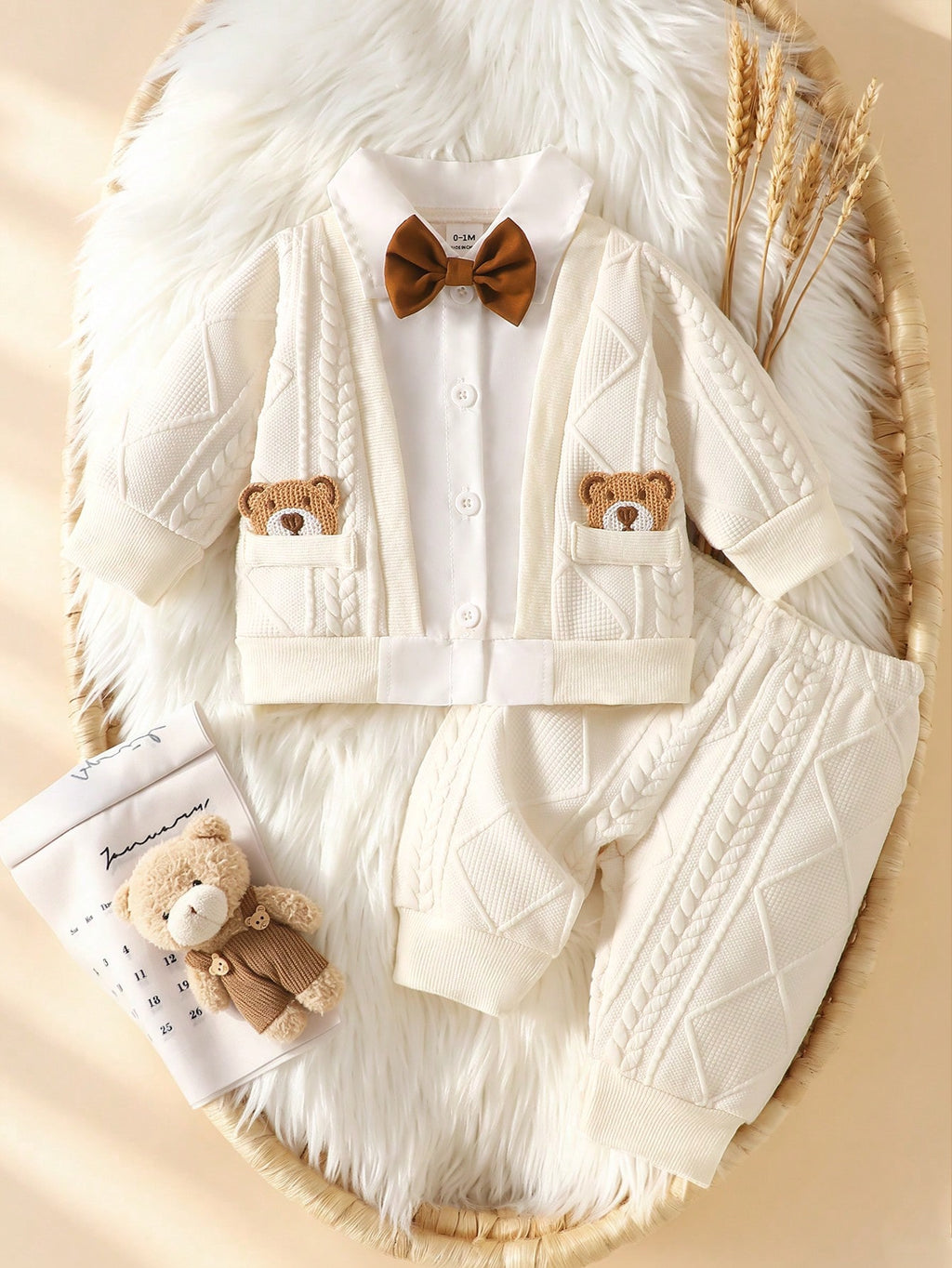 Baby Boy Apricot Jacquard Shirt Top Pants Set