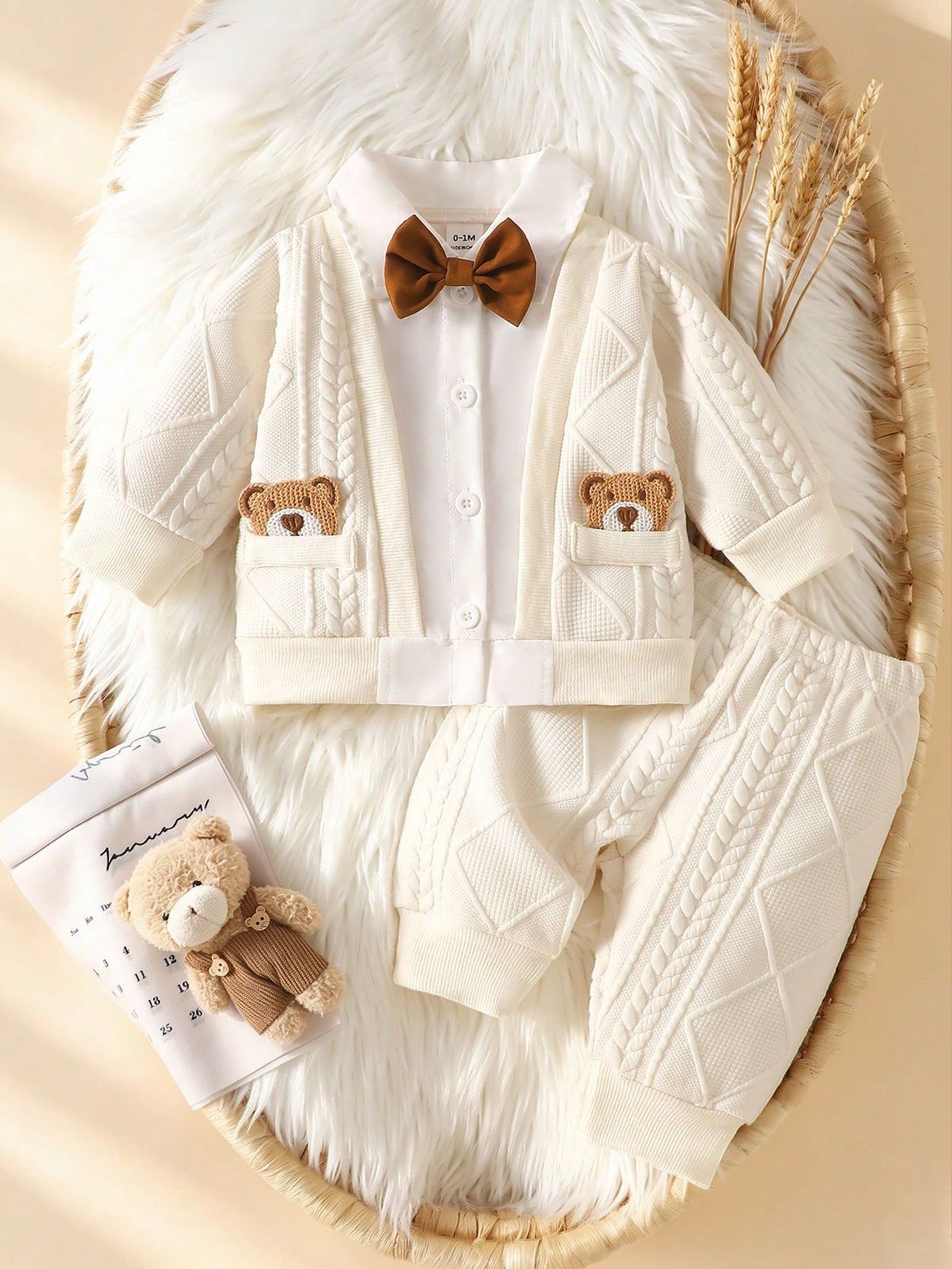 Baby Boy Apricot Jacquard Shirt Top Pants Set