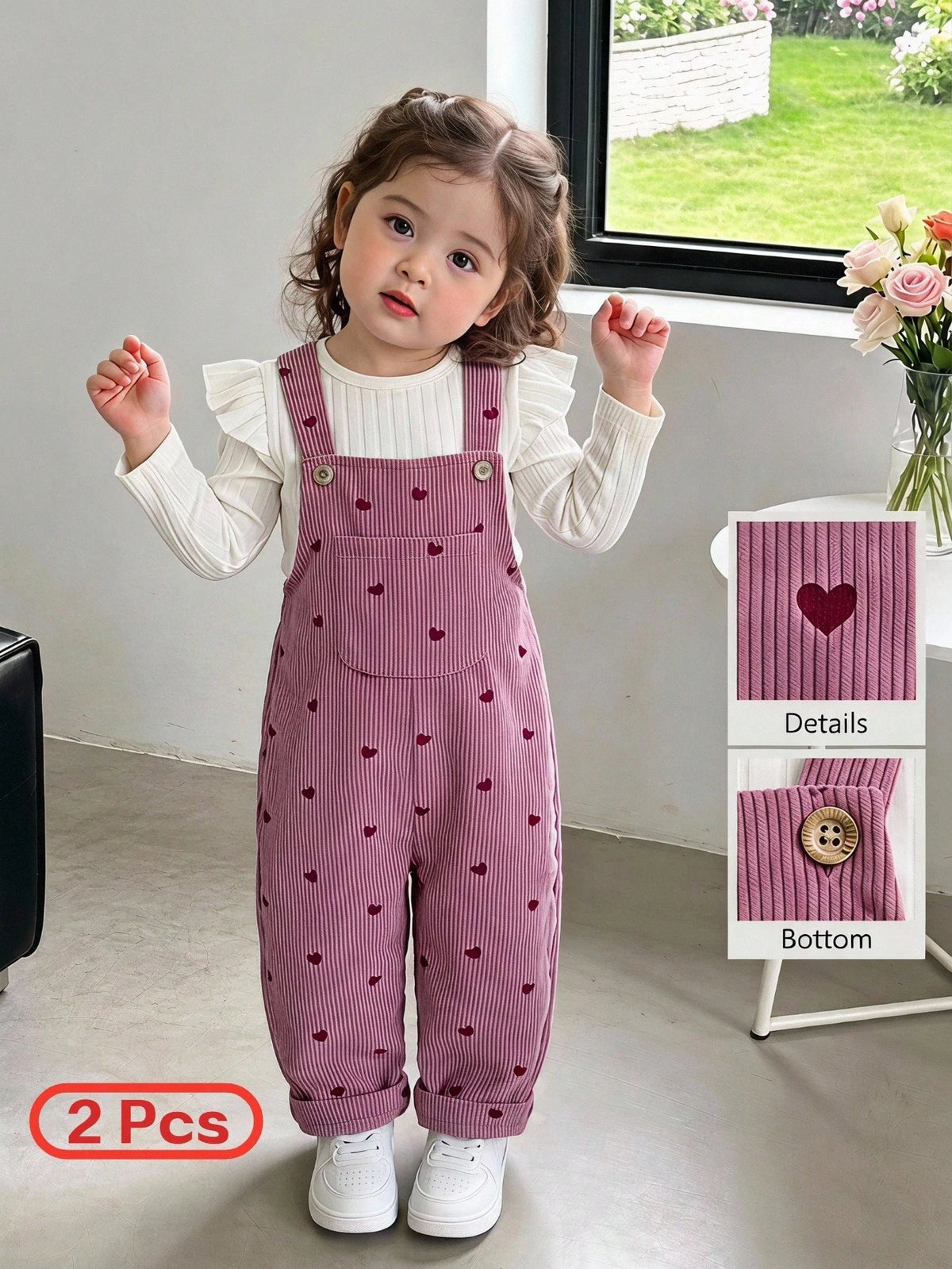 Vintaside Baby Girl Heart Embroidered Corduroy Set Pink
