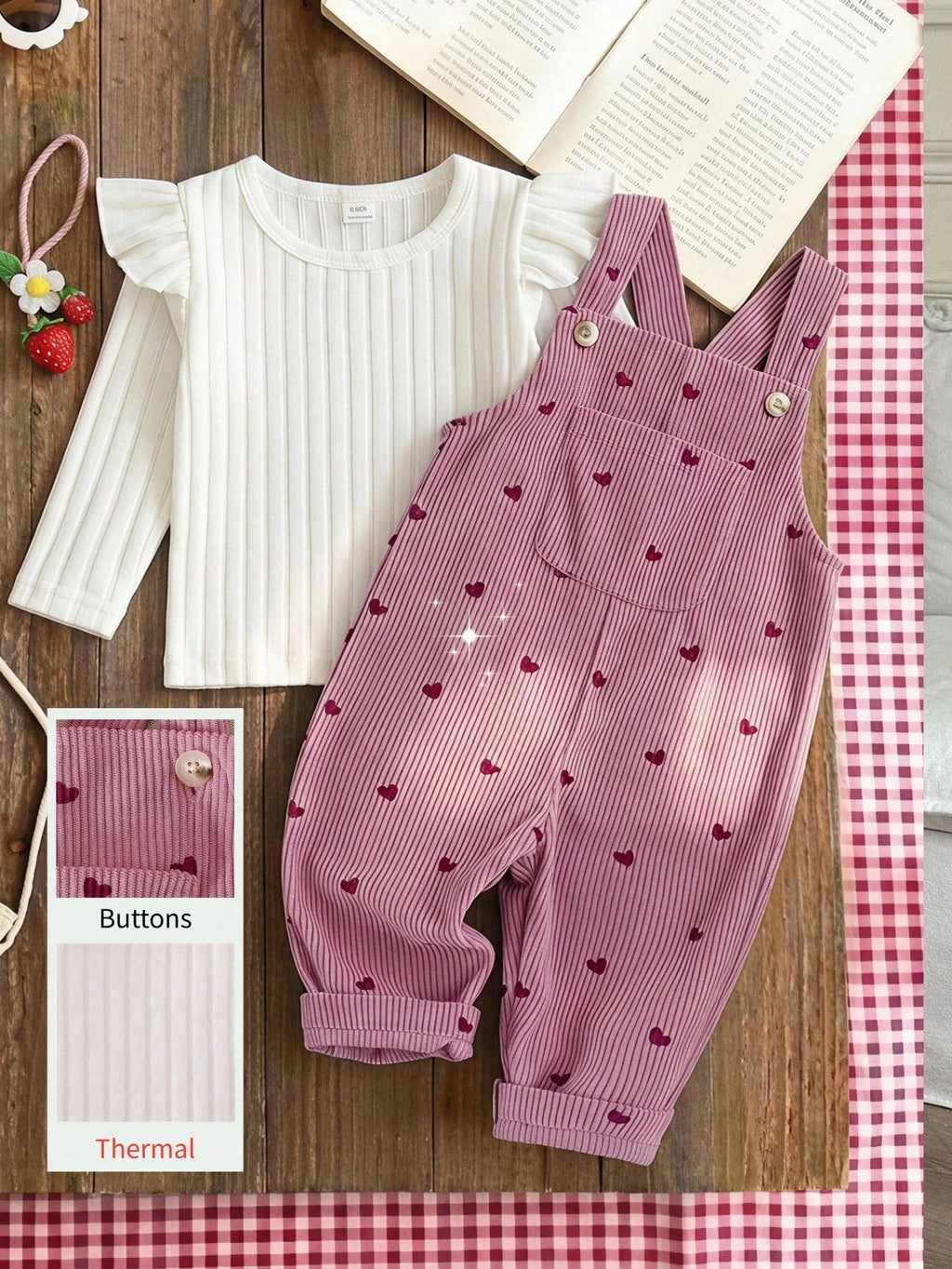 Vintaside Baby Girl Heart Embroidered Corduroy Set Pink