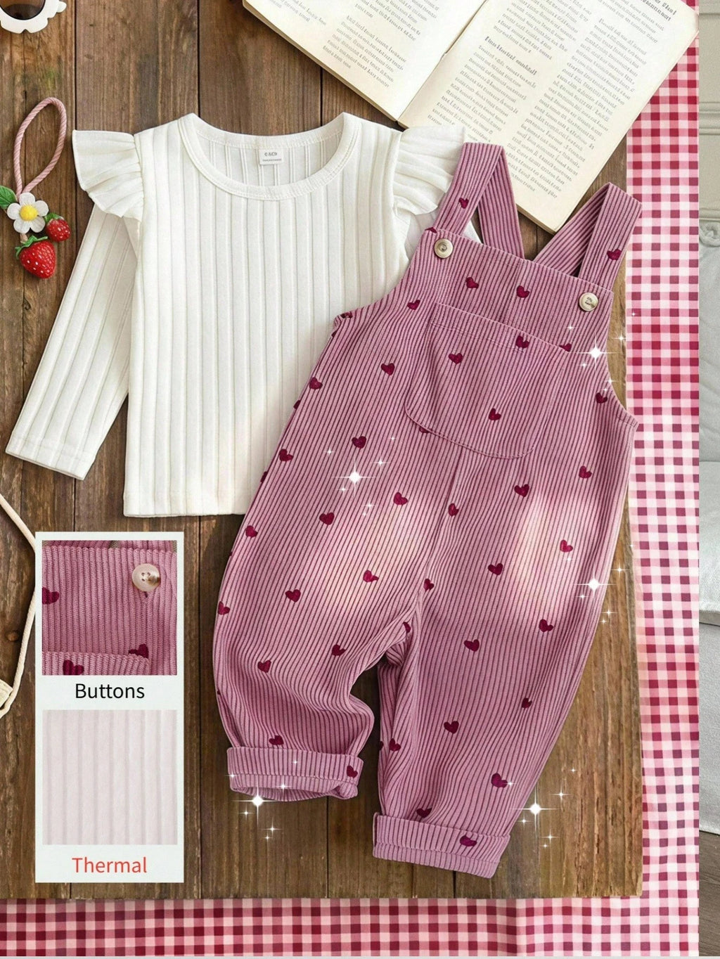 Vintaside Baby Girl Heart Embroidered Corduroy Set Pink