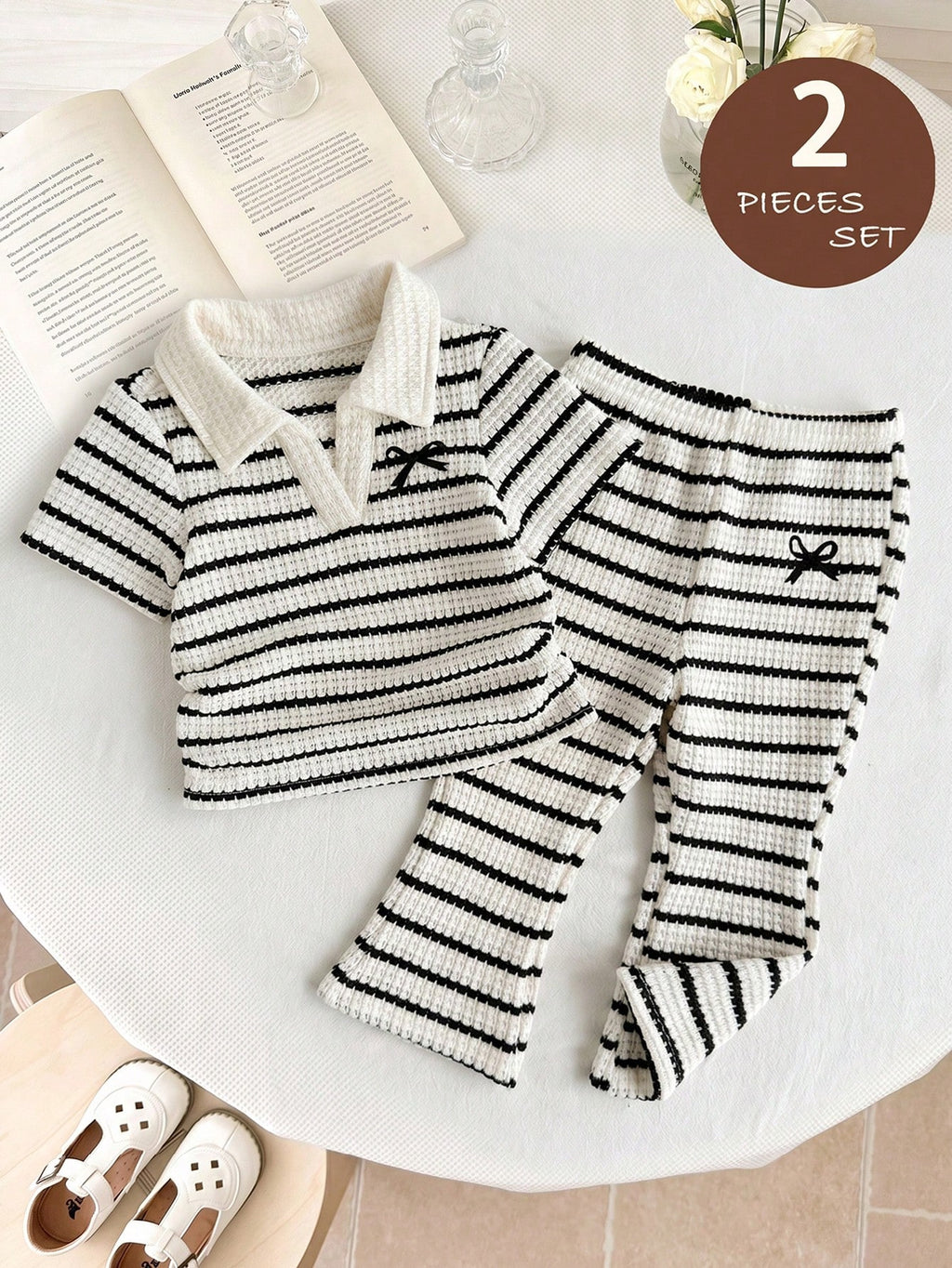 Ensemble 2 pièces chemise et pantalon évasé pour bébé fille SHEIN noir et blanc