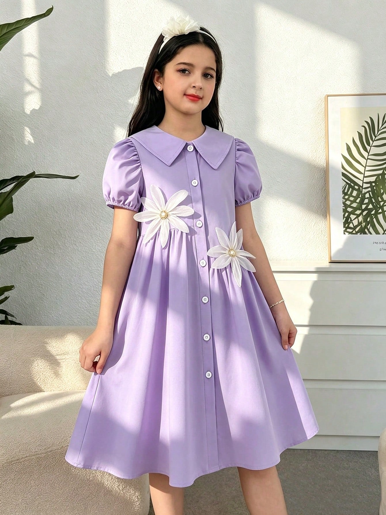 Robe Chemise Fille Lavande Fleurs Chiffon