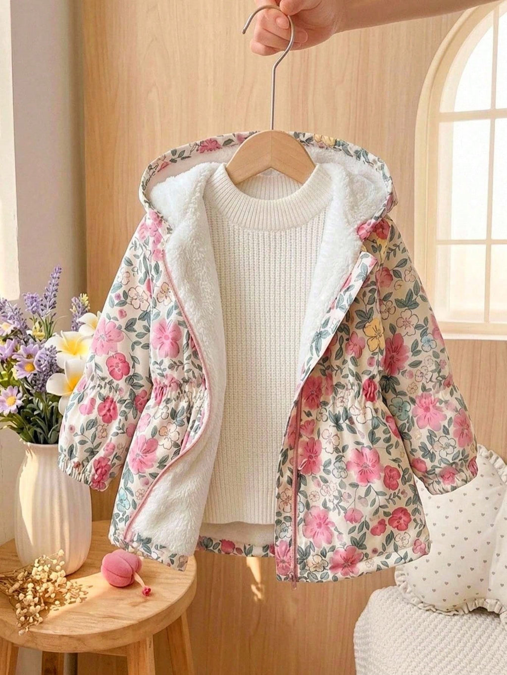 LMoss Kids Baby Girl Thermal Floral Hooded Jacket - Multicolor