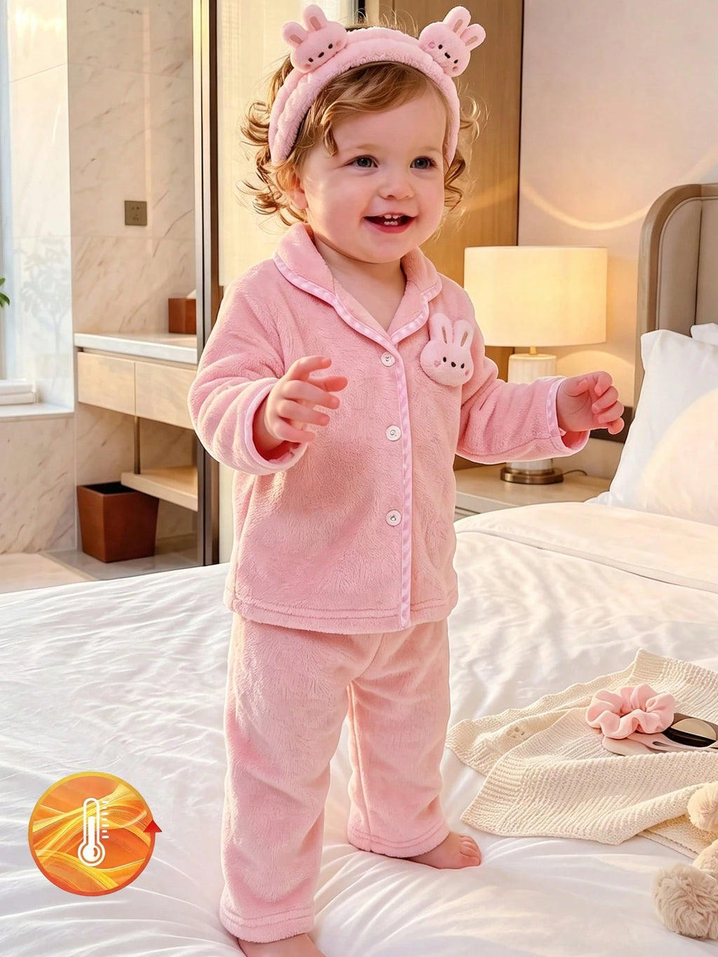 Baby Girl Plush Lapel Fleece Cardigan Pants Pajama Set