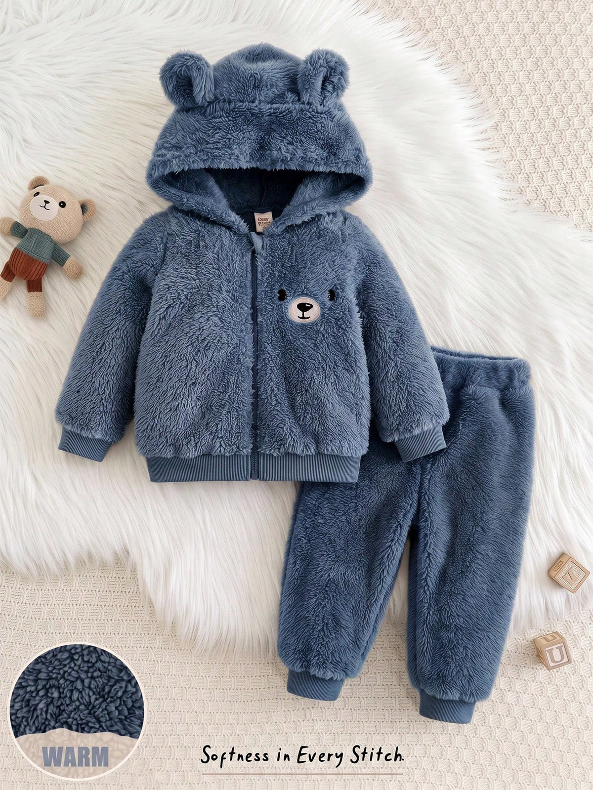 Cozy Pixies Unisex Dusty Blue Fleece Hooded Jacket Set Dusty Blue