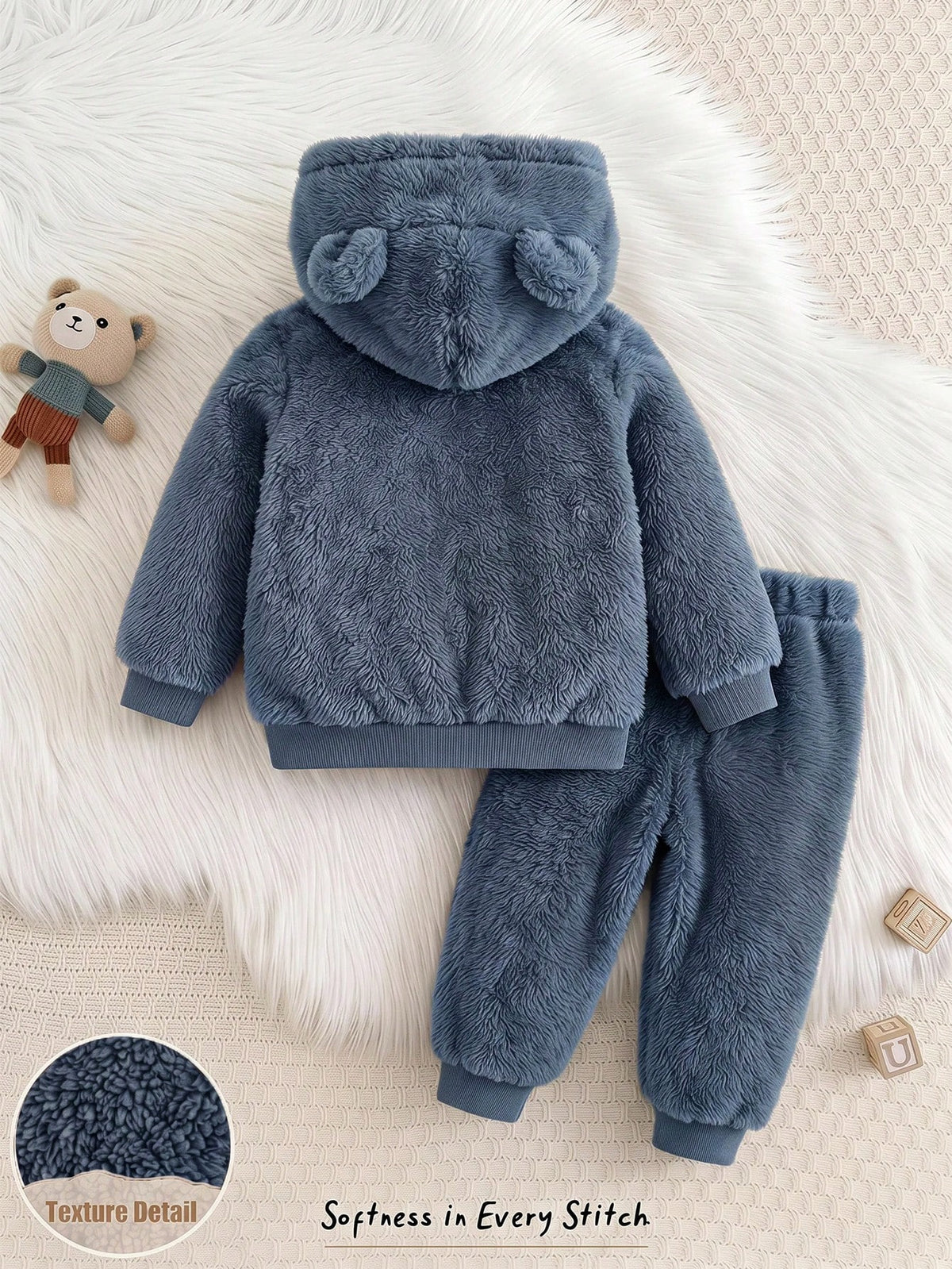 Cozy Pixies Unisex Dusty Blue Fleece Hooded Jacket Set Dusty Blue