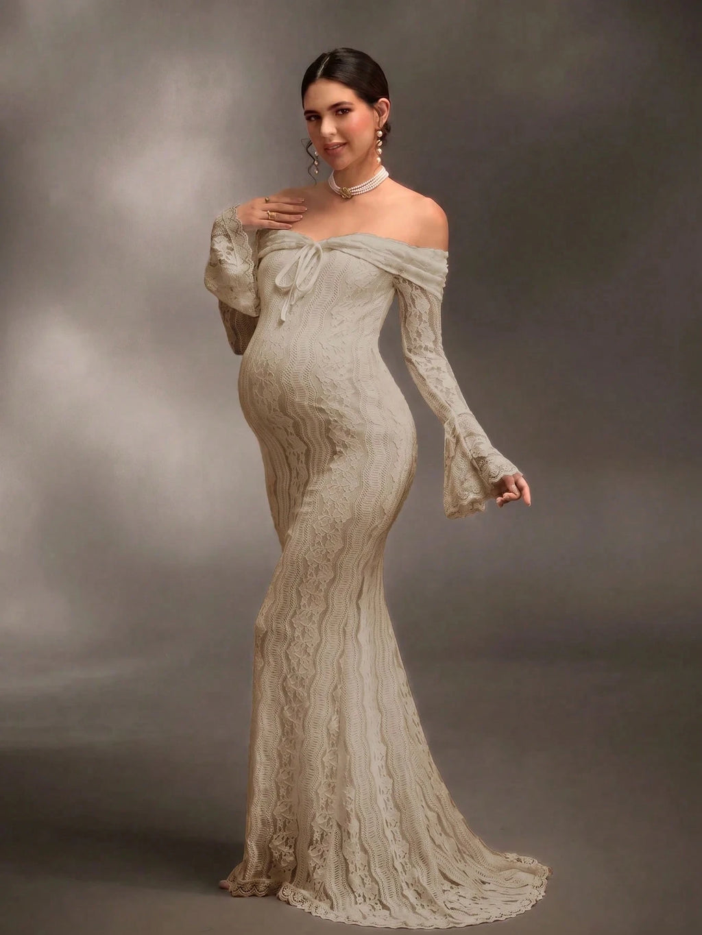 Cheriluna Maternity White Off-Shoulder Lace Long-Sleeve Mermaid Dress