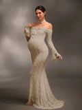 Cheriluna Maternity White Off-Shoulder Lace Long-Sleeve Mermaid Dress