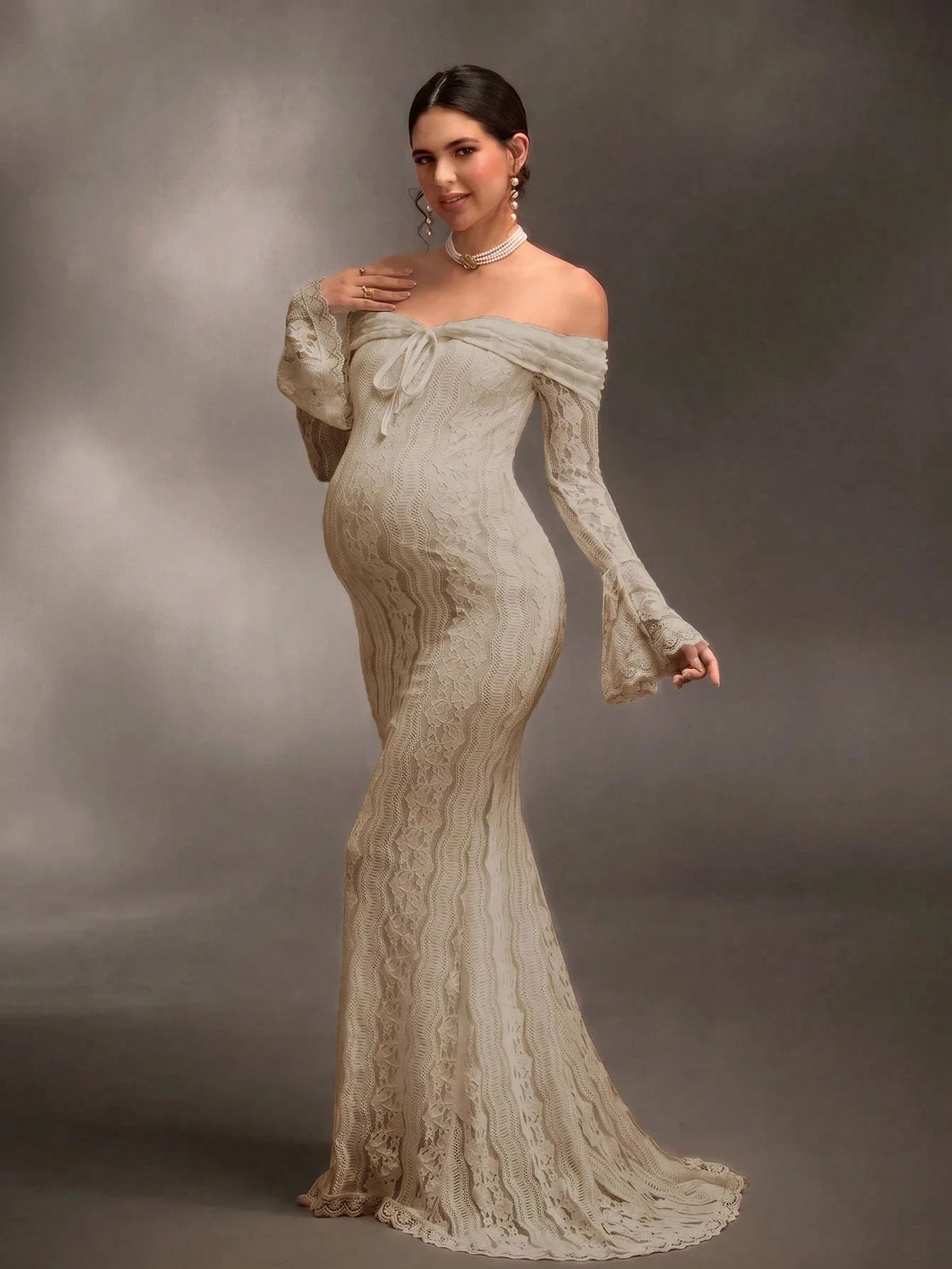 Cheriluna Maternity White Off-Shoulder Lace Long-Sleeve Mermaid Dress