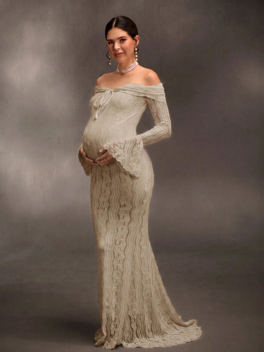 Cheriluna Maternity White Off-Shoulder Lace Long-Sleeve Mermaid Dress