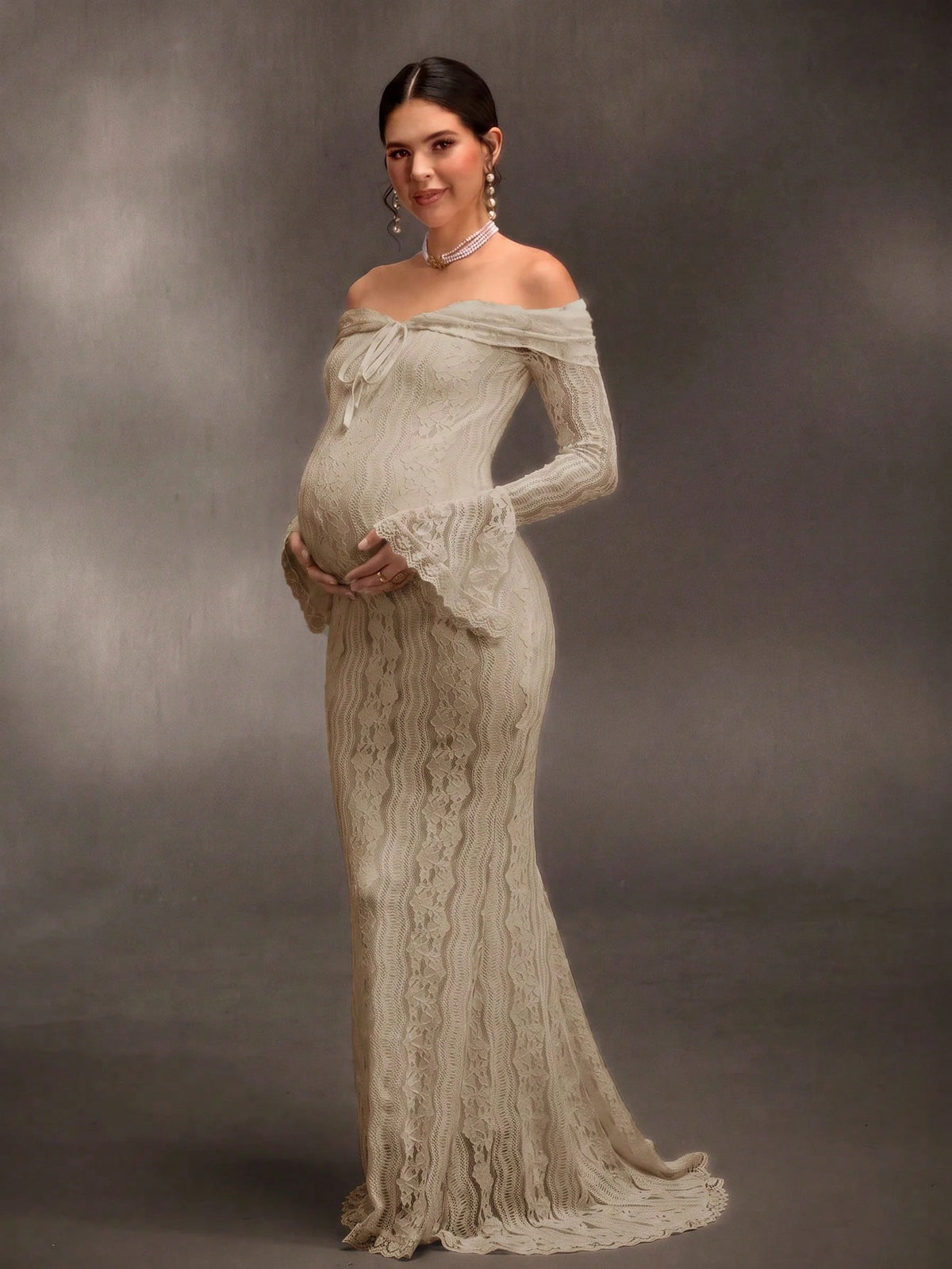 Cheriluna Maternity White Off-Shoulder Lace Long-Sleeve Mermaid Dress