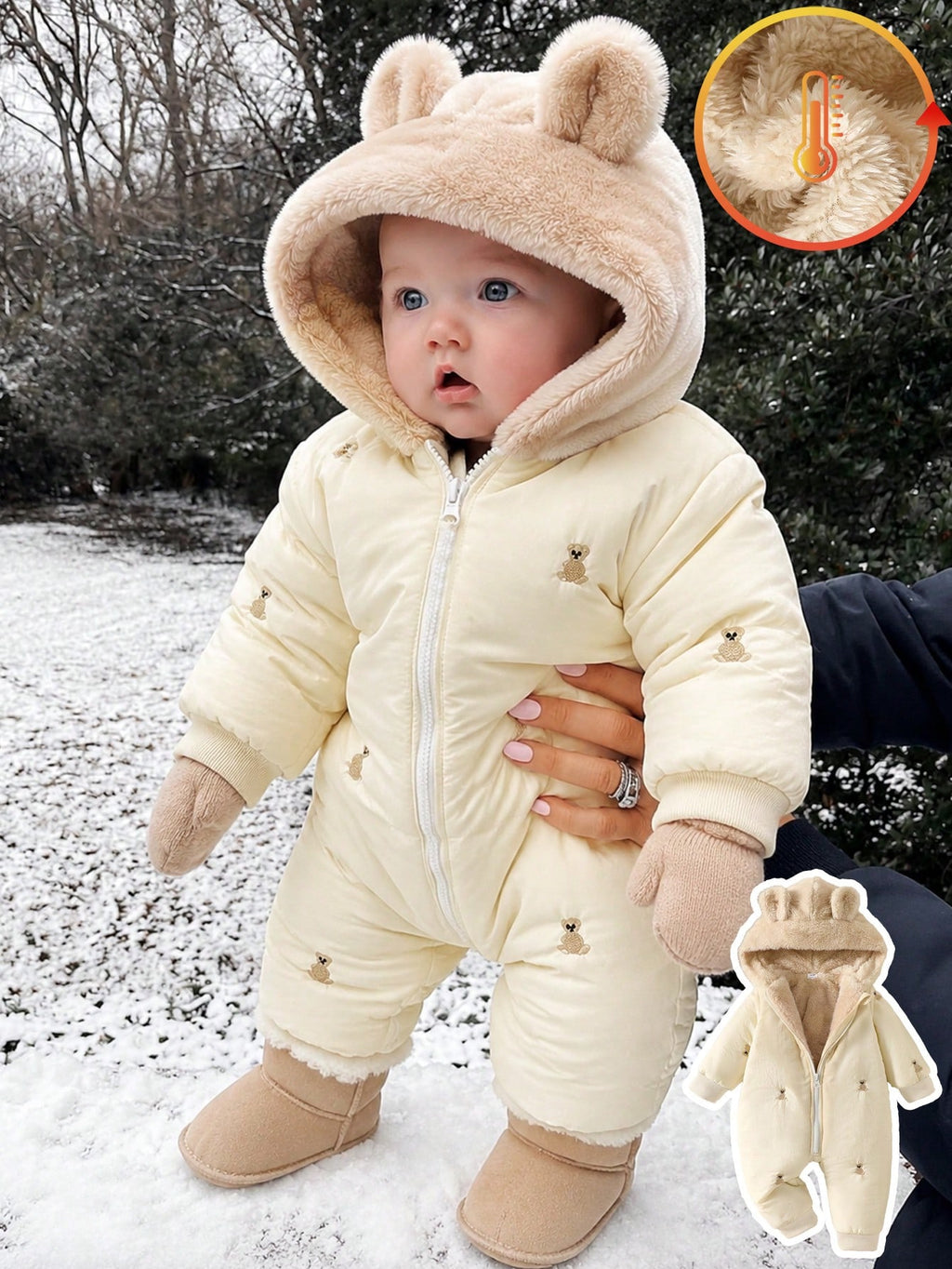 Baby's Polka Dot & Heart Embroidered Bear Hooded Winter Jumpsuit