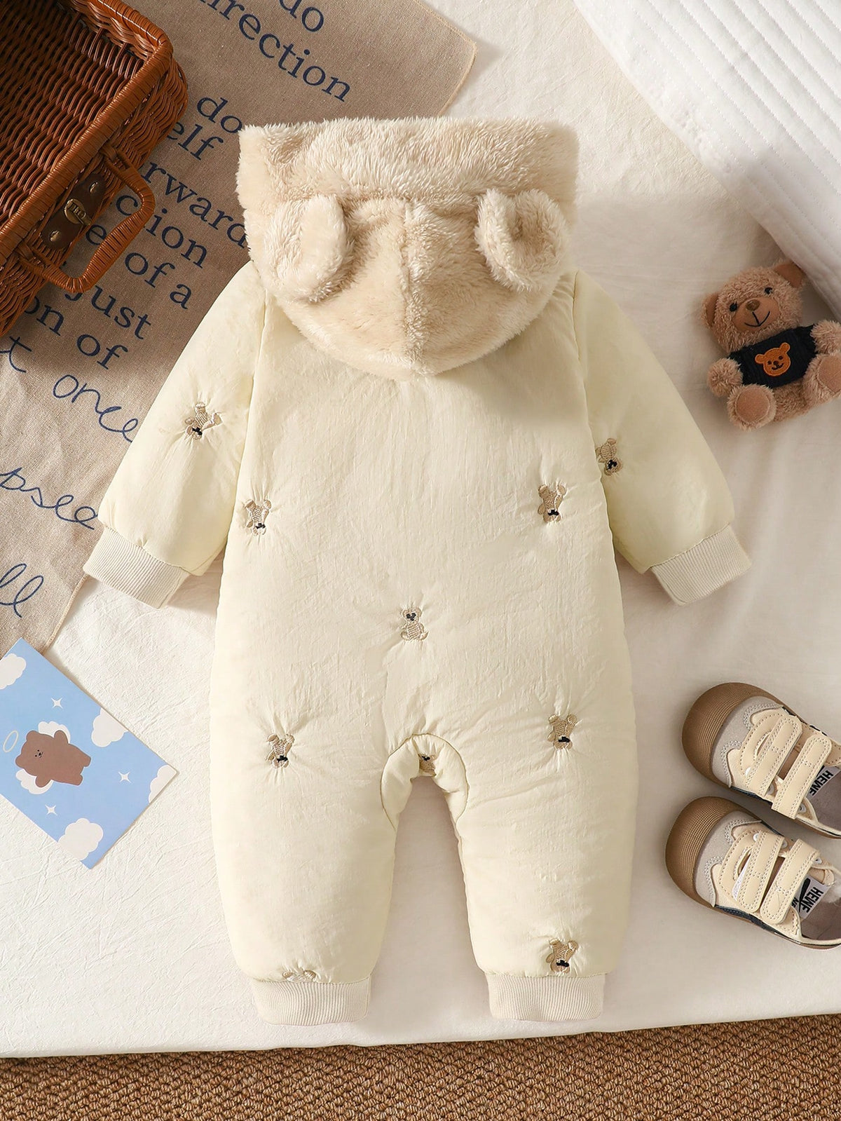 Baby's Polka Dot & Heart Embroidered Bear Hooded Winter Jumpsuit