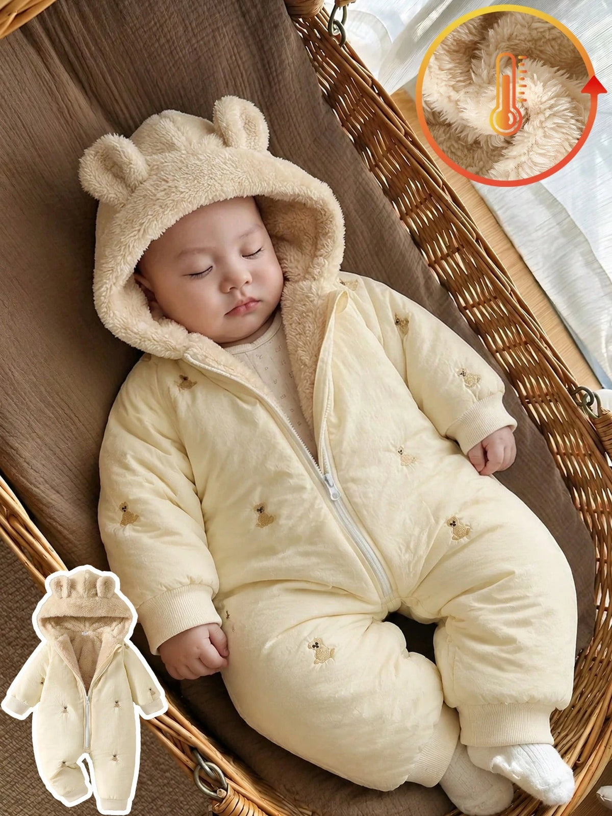 Baby's Polka Dot & Heart Embroidered Bear Hooded Winter Jumpsuit