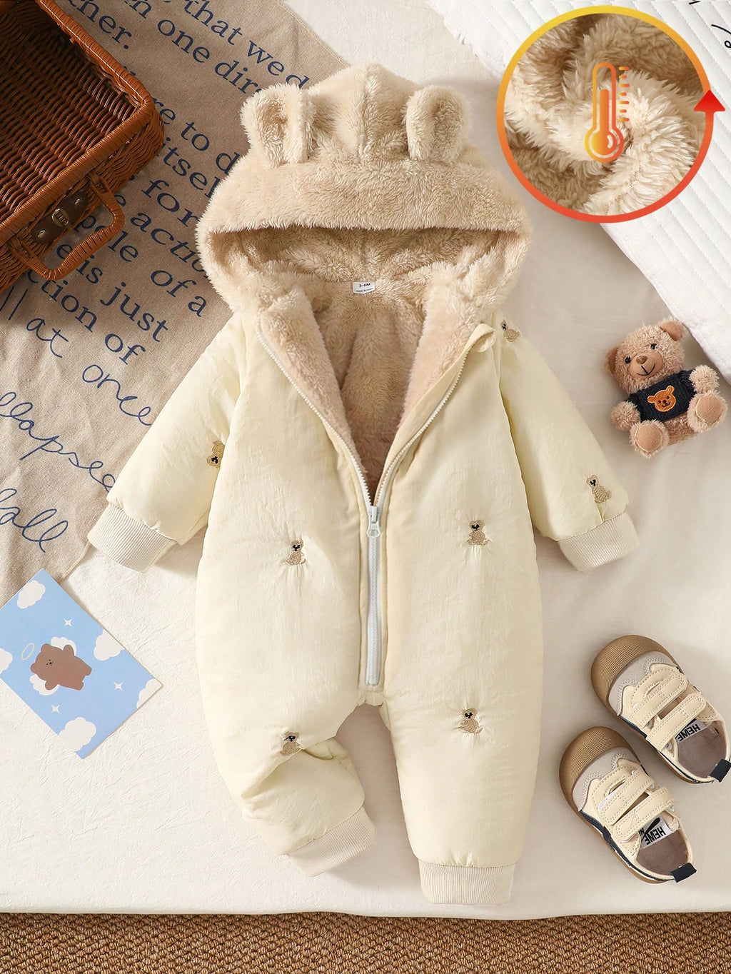 Baby's Polka Dot & Heart Embroidered Bear Hooded Winter Jumpsuit