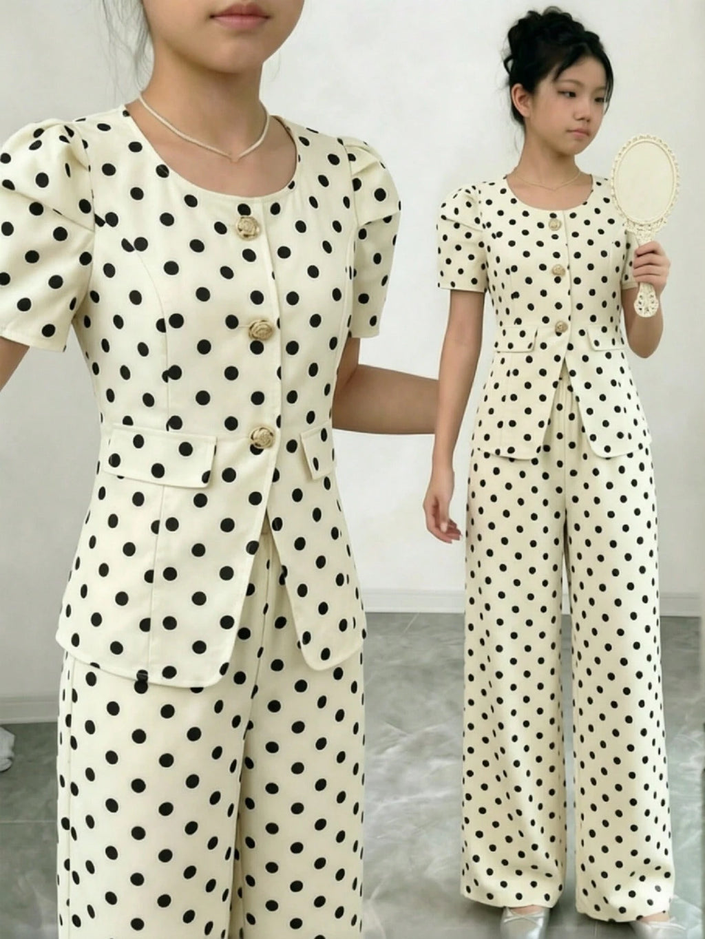 SHEIN Tween Girl Metal Flower Button Short Petal Sleeve Black And White Polka Dot Top And Pants 2pcs Set Party Summer Twee White