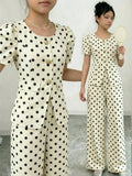 SHEIN Tween Girl Metal Flower Button Short Petal Sleeve Black And White Polka Dot Top And Pants 2pcs Set Party Summer Twee White