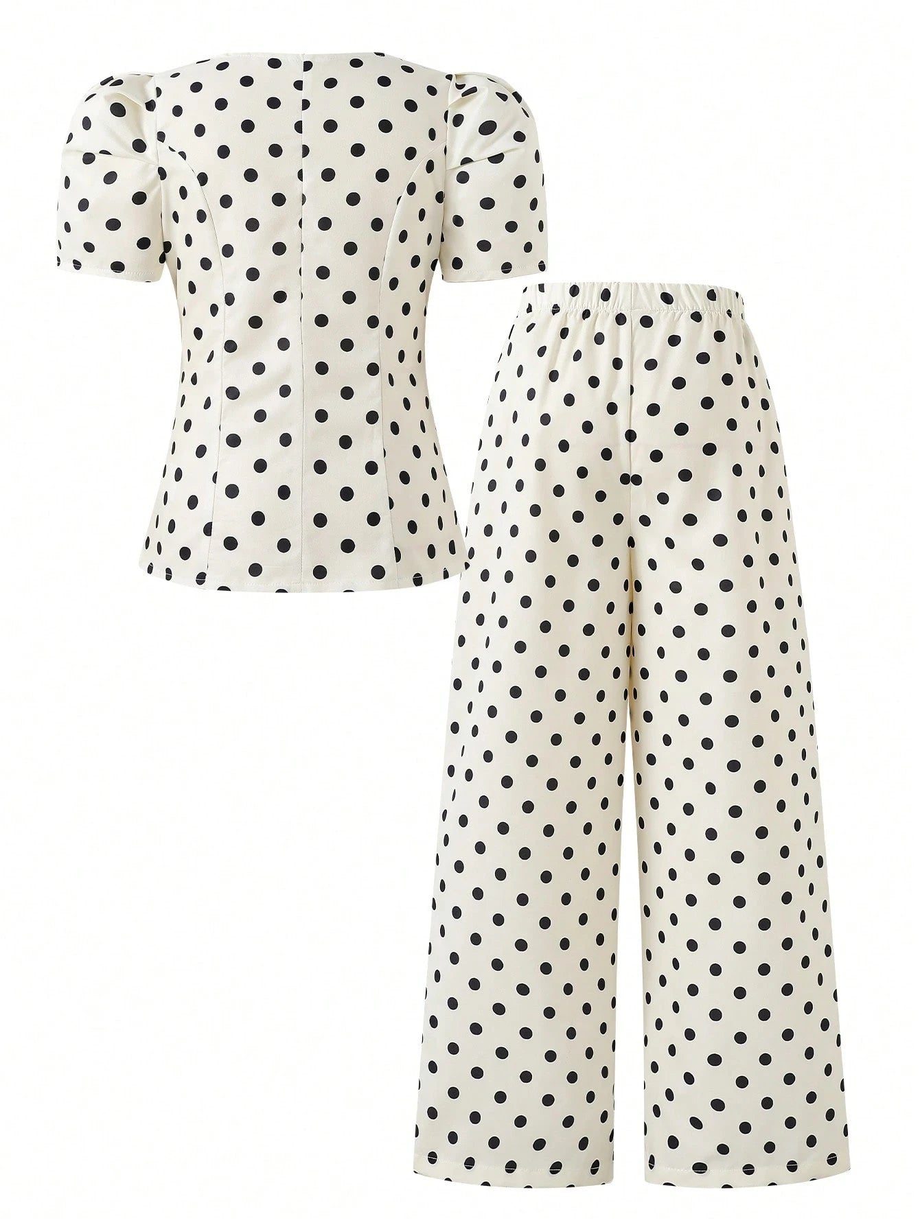 SHEIN Tween Girl Metal Flower Button Short Petal Sleeve Black And White Polka Dot Top And Pants 2pcs Set Party Summer Twee White