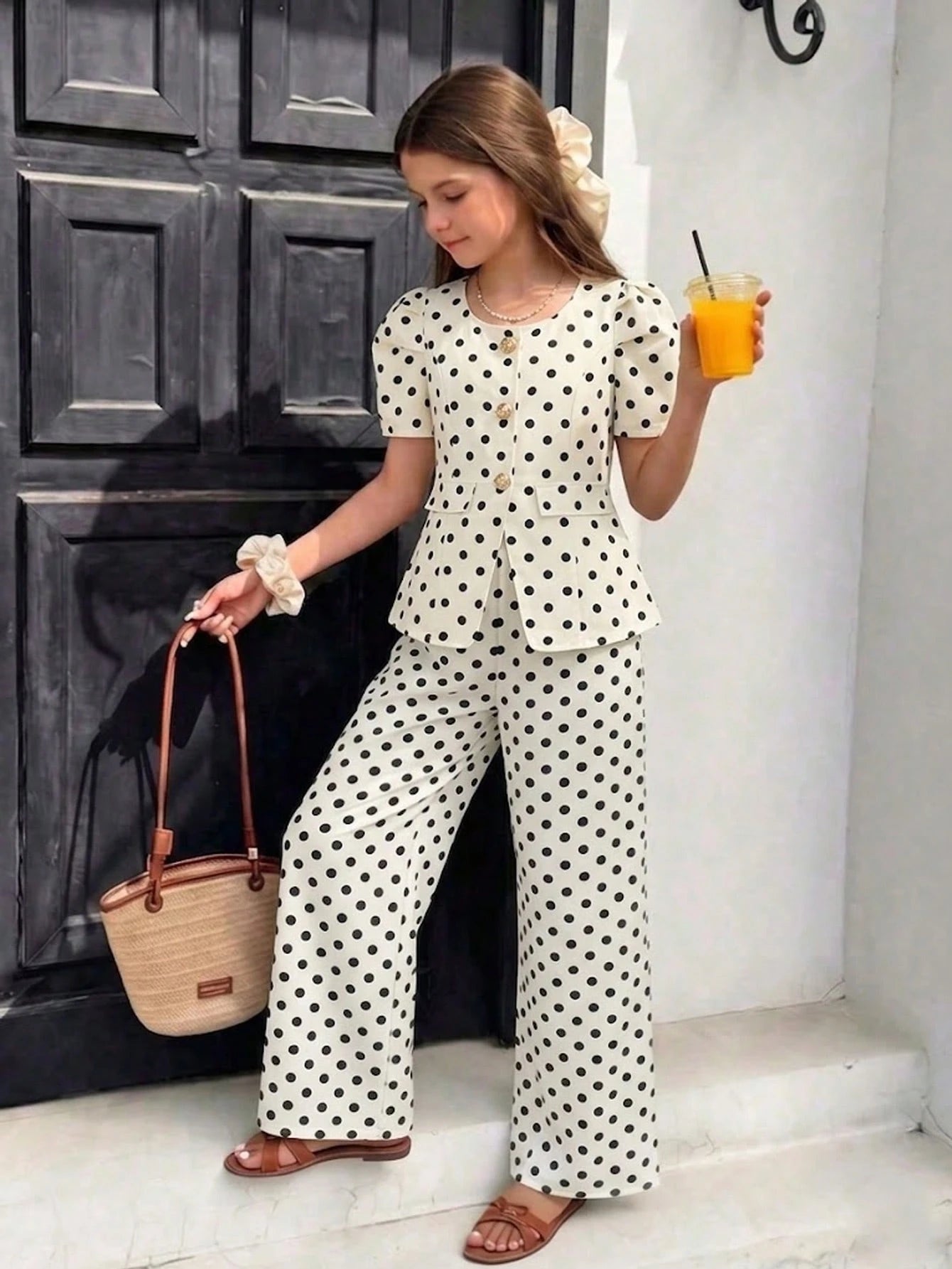 SHEIN Tween Girl Metal Flower Button Short Petal Sleeve Black And White Polka Dot Top And Pants 2pcs Set Party Summer Twee White