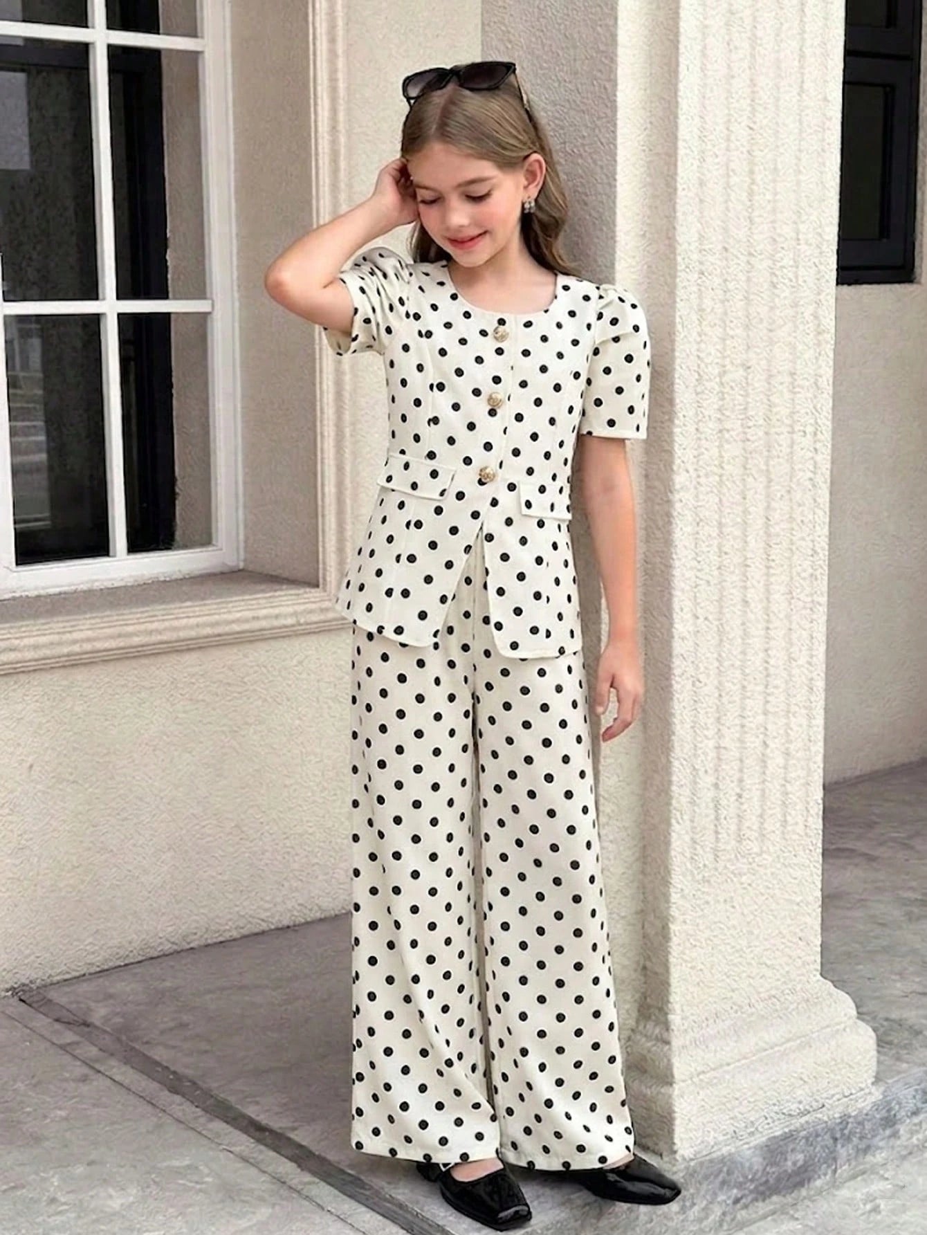 SHEIN Tween Girl Metal Flower Button Short Petal Sleeve Black And White Polka Dot Top And Pants 2pcs Set Party Summer Twee White
