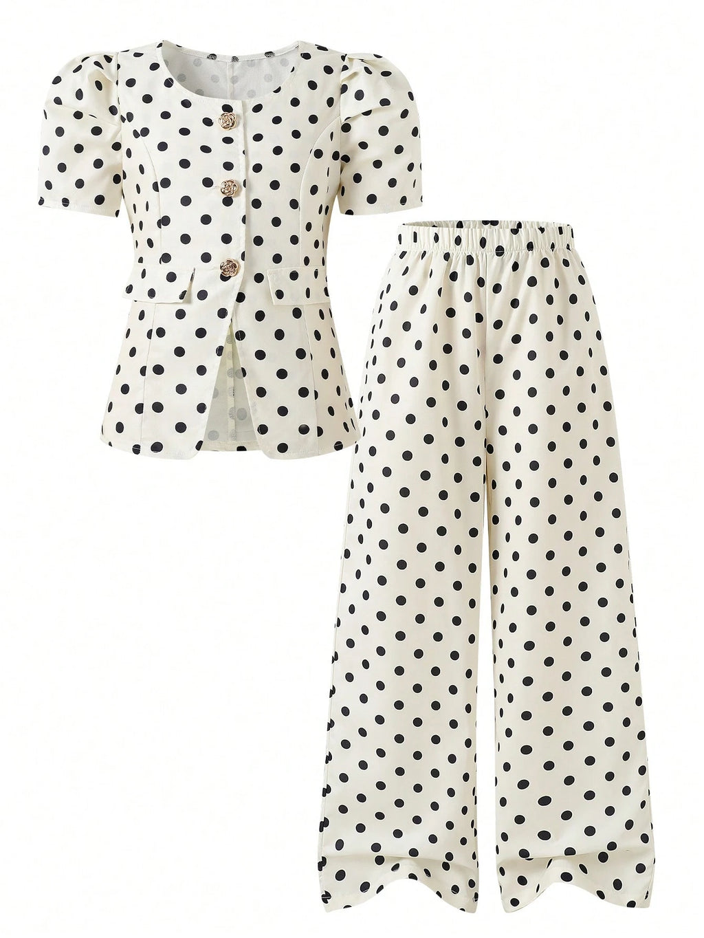 SHEIN Tween Girl Metal Flower Button Short Petal Sleeve Black And White Polka Dot Top And Pants 2pcs Set Party Summer Twee White