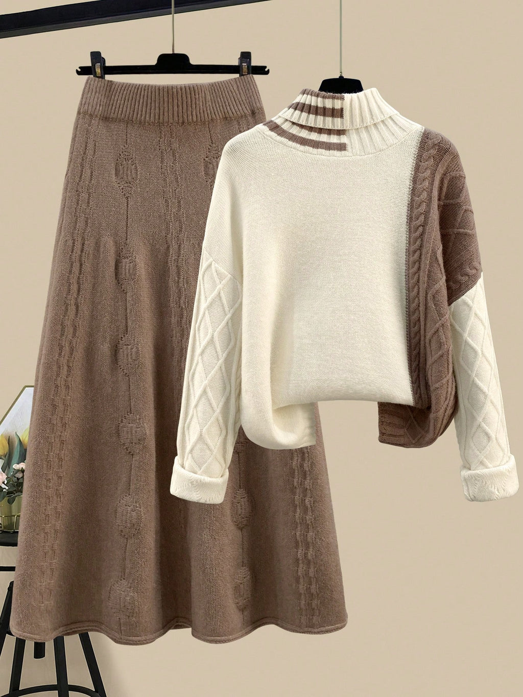 Women's Multicolor High-Neck Pullover Sweater And Skirt Set