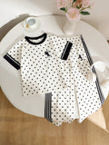 Young Girls Spring Summer Casual Fashion New T-Shirt Set Round Neck Short Sleeve Wide Leg Pants 2-Piece Outfit Polka Dot Black Horse Print School White