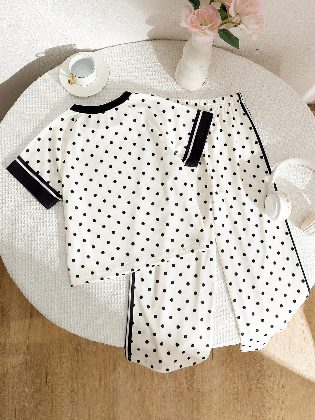 Young Girls Spring Summer Casual Fashion New T-Shirt Set Round Neck Short Sleeve Wide Leg Pants 2-Piece Outfit Polka Dot Black Horse Print School White