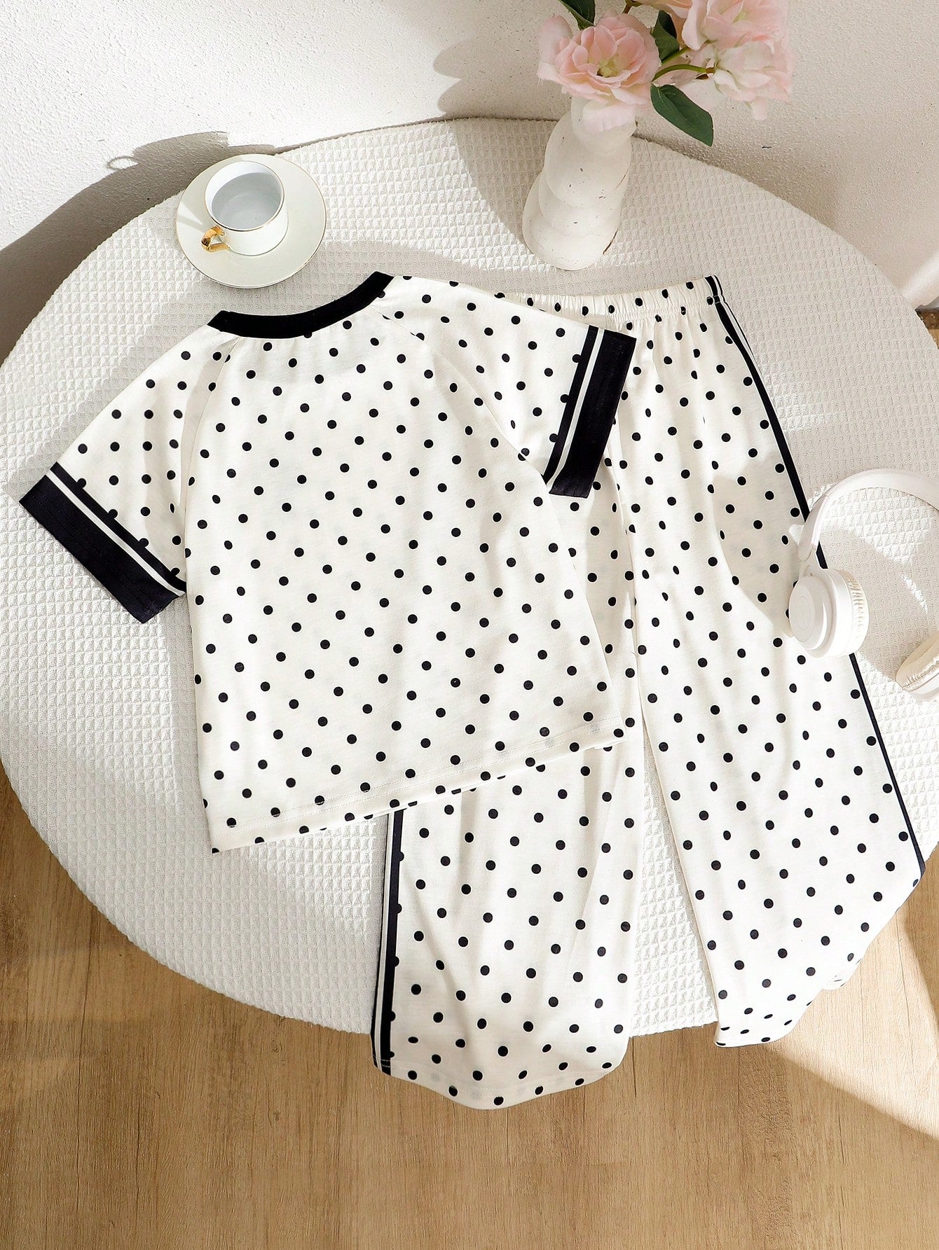 Young Girls Spring Summer Casual Fashion New T-Shirt Set Round Neck Short Sleeve Wide Leg Pants 2-Piece Outfit Polka Dot Black Horse Print School White