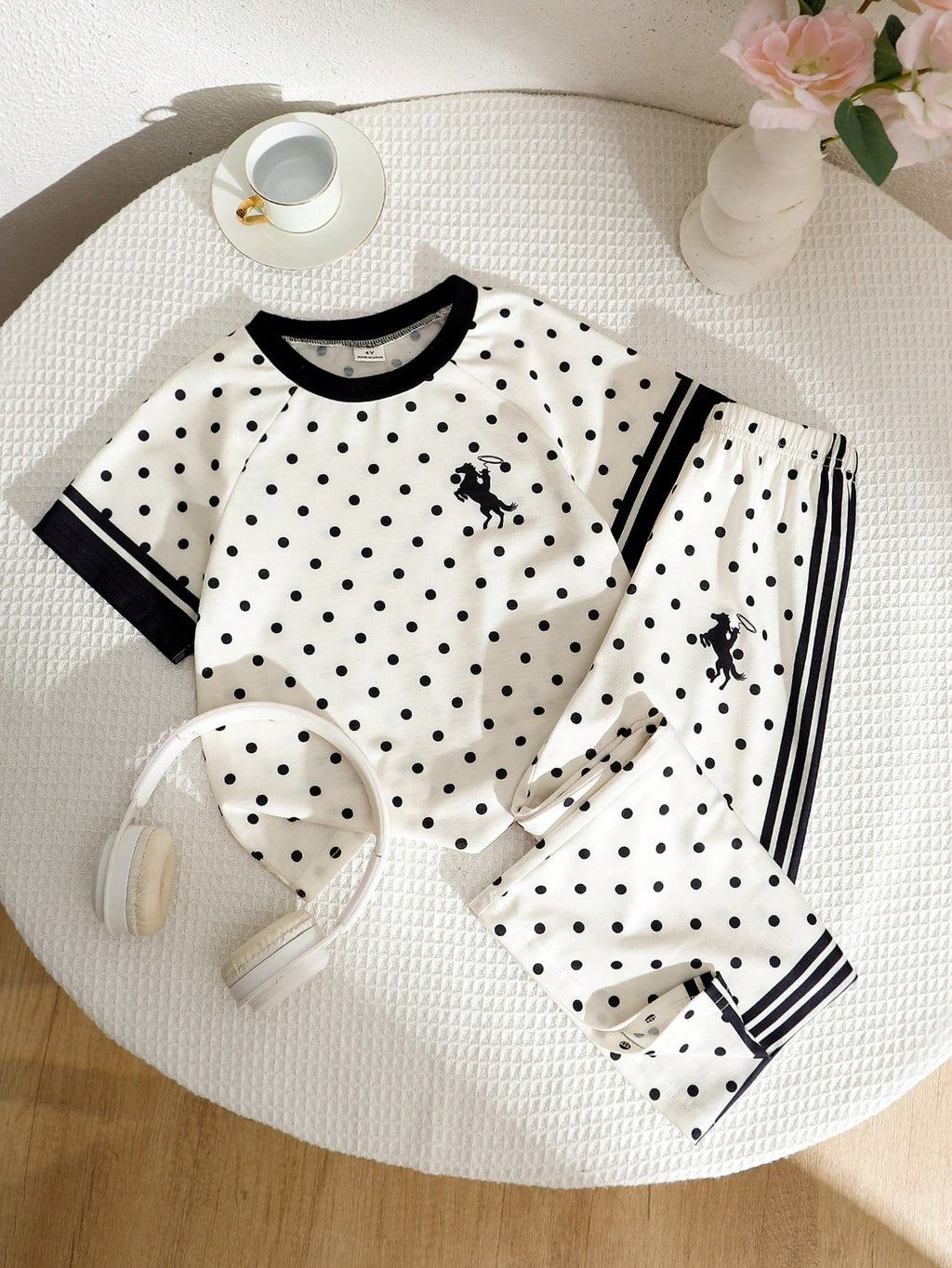 Young Girls Spring Summer Casual Fashion New T-Shirt Set Round Neck Short Sleeve Wide Leg Pants 2-Piece Outfit Polka Dot Black Horse Print School White