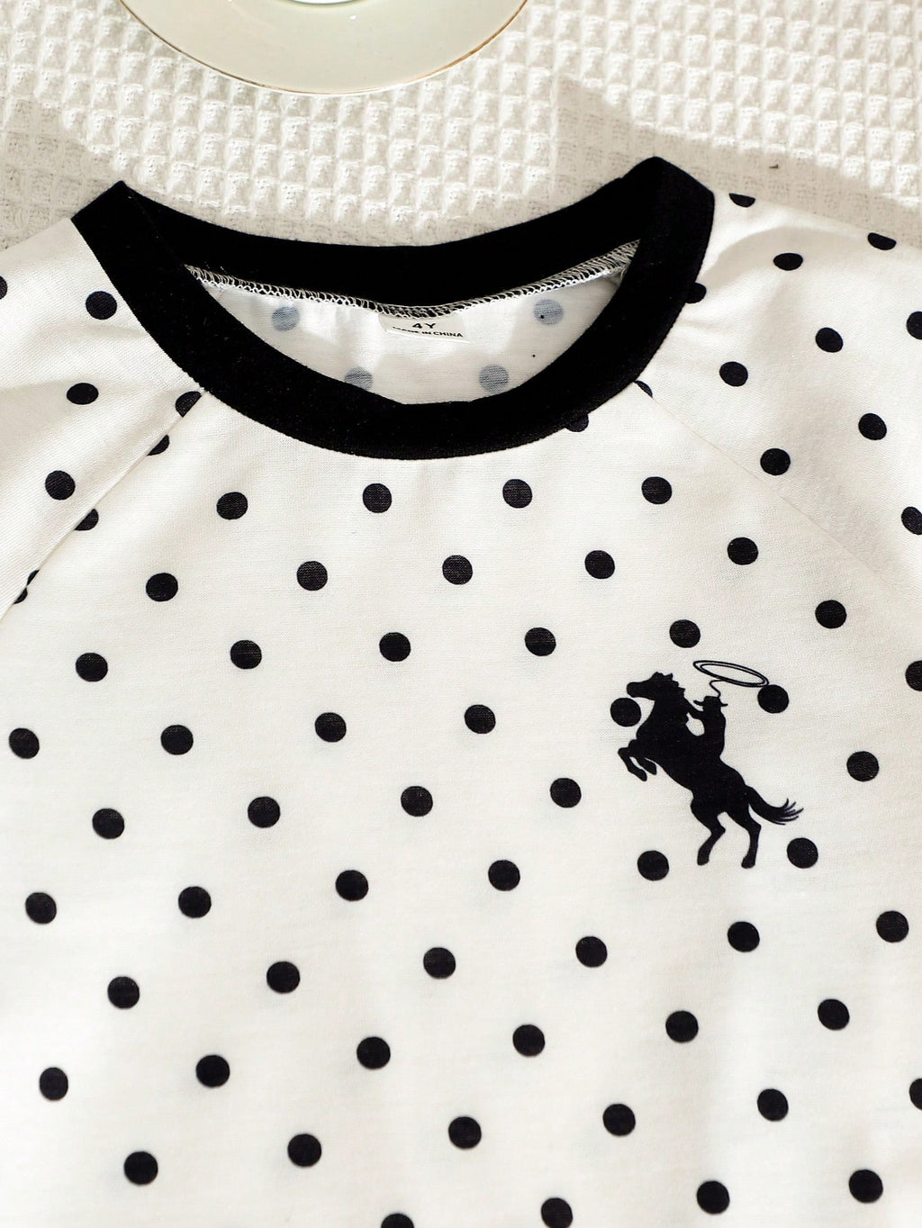 Young Girls Spring Summer Casual Fashion New T-Shirt Set Round Neck Short Sleeve Wide Leg Pants 2-Piece Outfit Polka Dot Black Horse Print School White