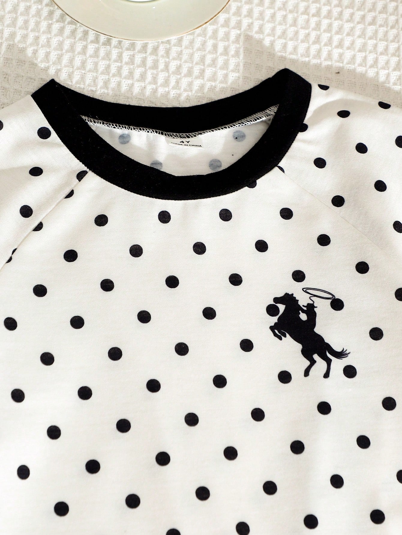 Young Girls Spring Summer Casual Fashion New T-Shirt Set Round Neck Short Sleeve Wide Leg Pants 2-Piece Outfit Polka Dot Black Horse Print School White