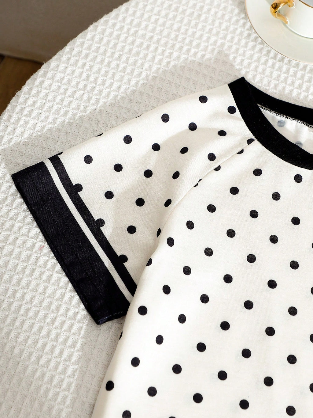 Young Girls Spring Summer Casual Fashion New T-Shirt Set Round Neck Short Sleeve Wide Leg Pants 2-Piece Outfit Polka Dot Black Horse Print School White