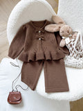 Baby Girl Knitted Cardigan Flared Pants Set - Coffee Brown