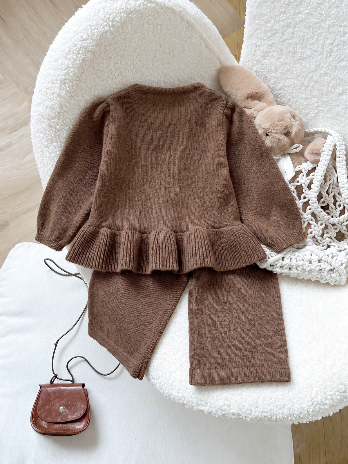 Baby Girl Knitted Cardigan Flared Pants Set - Coffee Brown