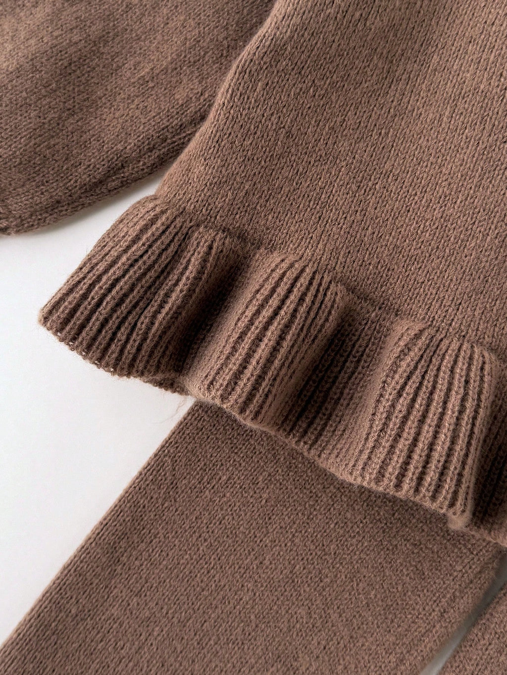 Baby Girl Knitted Cardigan Flared Pants Set - Coffee Brown